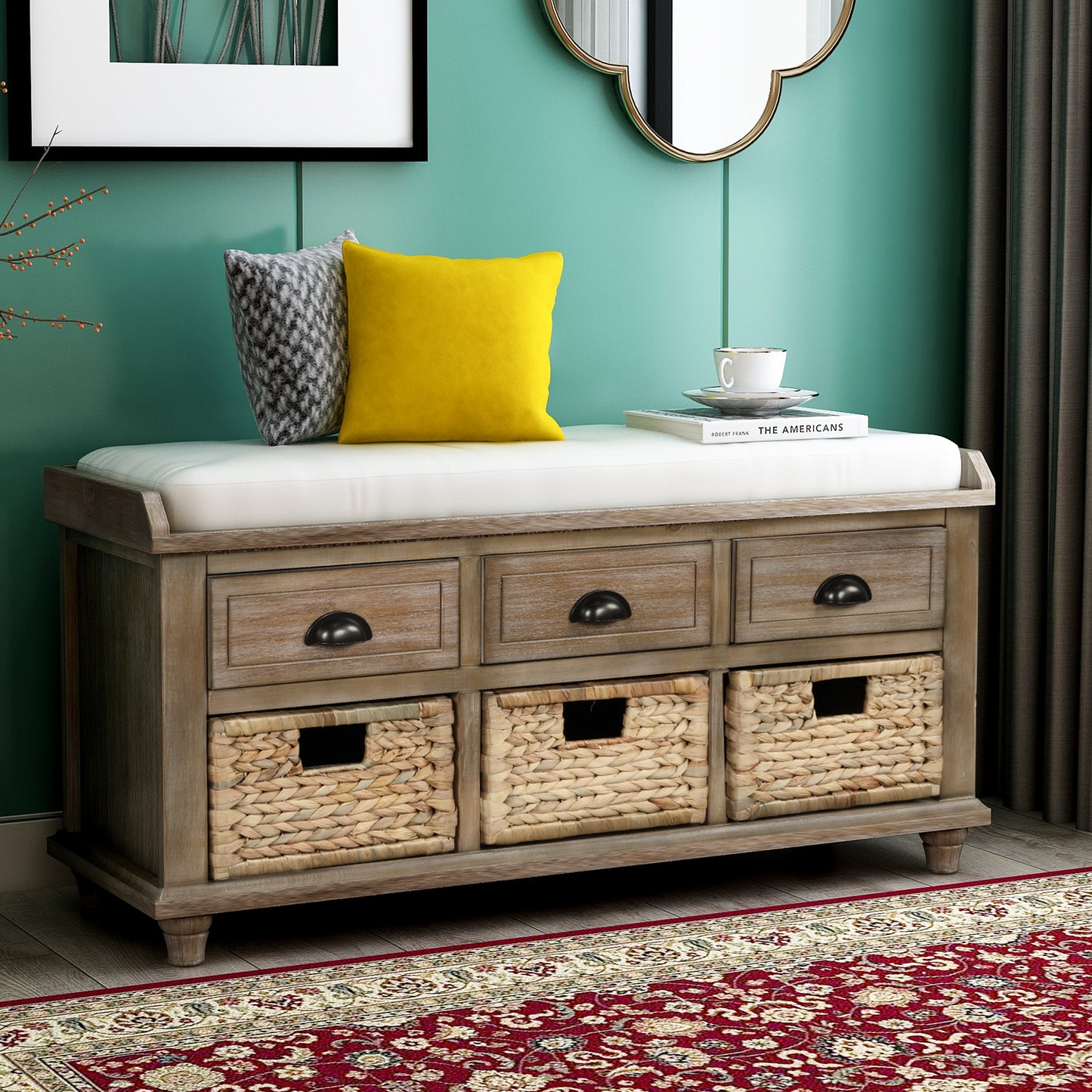 Rustic Storage Bench with 3 Drawers and 3 Rattan Baskets Shoe Bench for Living Room Entryway White Washed