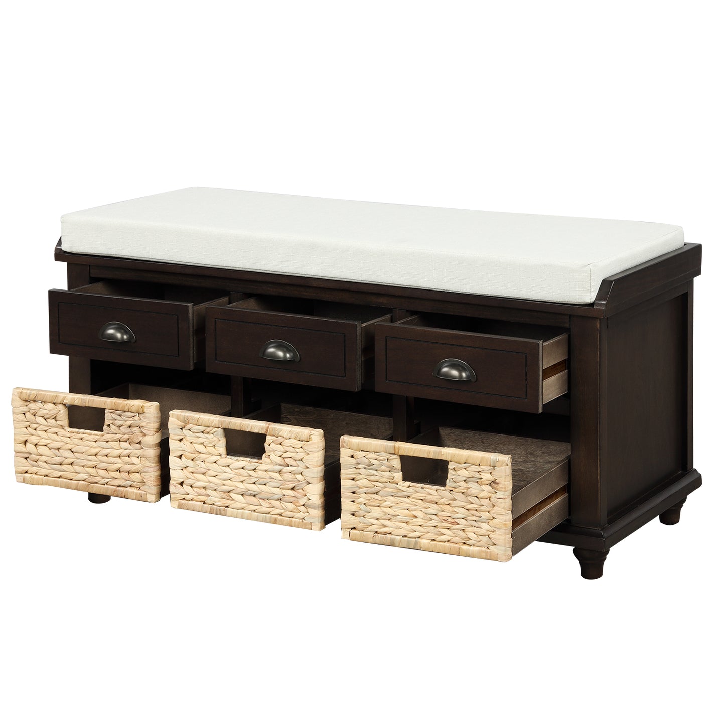 Rustic Storage Bench with 3 Drawers and 3 Rattan Baskets Shoe Bench for Living Room Entryway Espresso