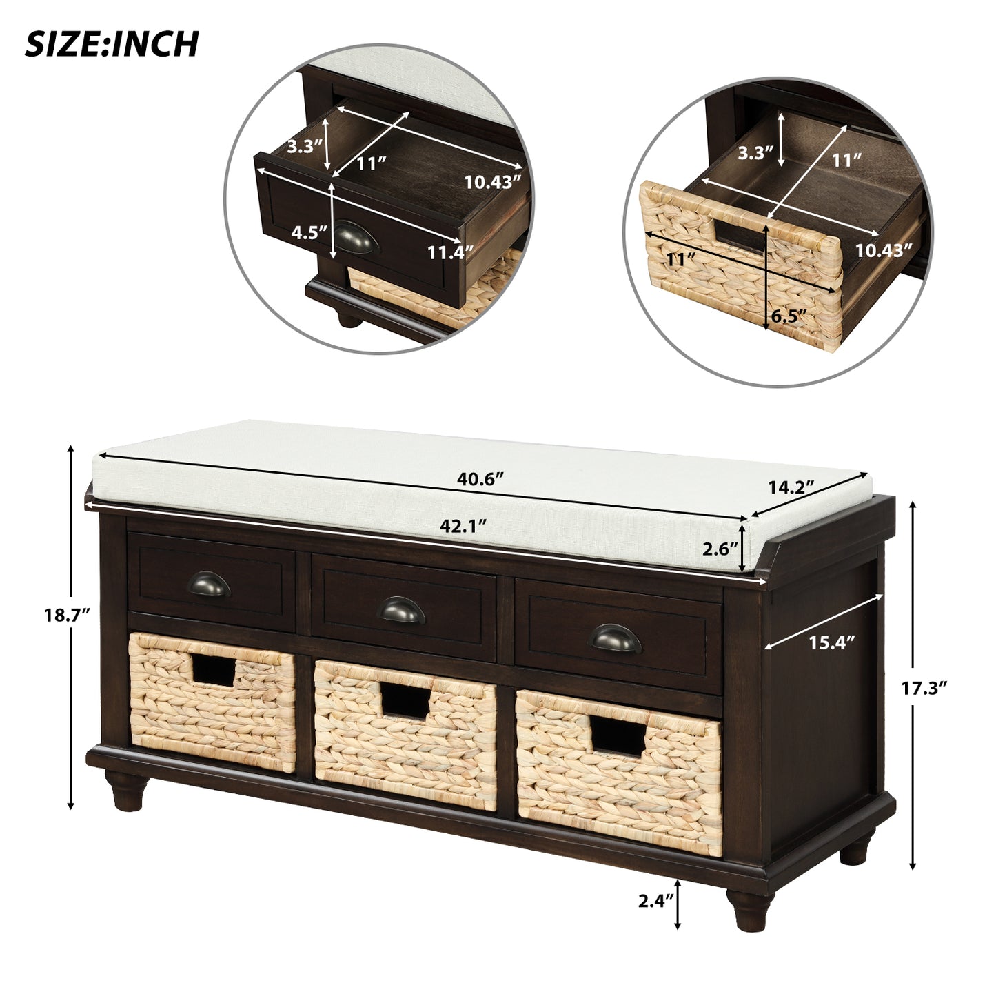 Rustic Storage Bench with 3 Drawers and 3 Rattan Baskets Shoe Bench for Living Room Entryway Espresso