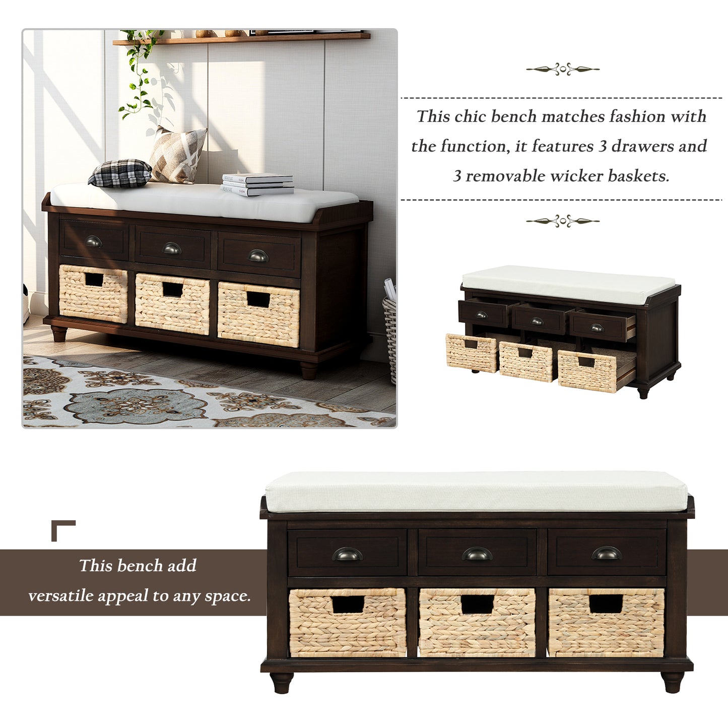 Rustic Storage Bench with 3 Drawers and 3 Rattan Baskets Shoe Bench for Living Room Entryway Espresso