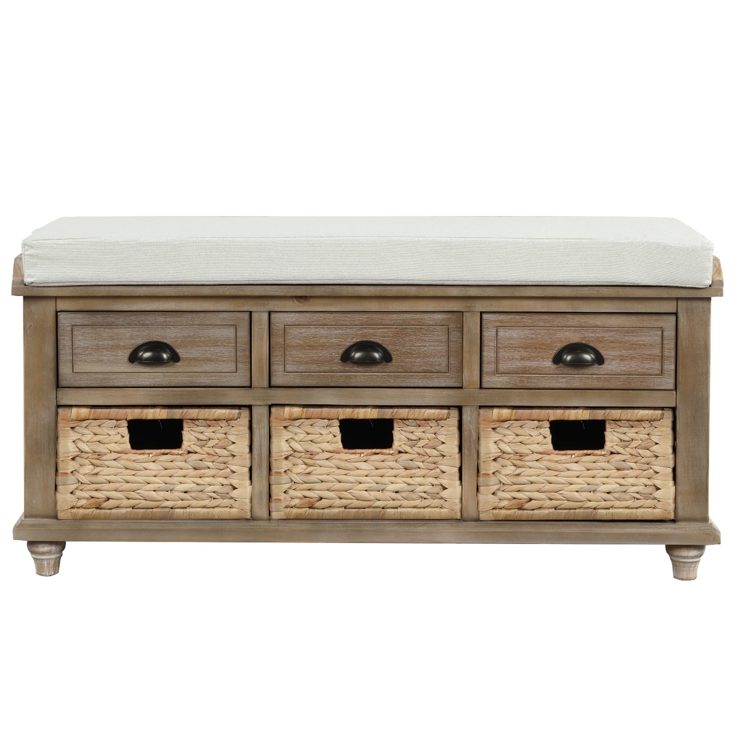 Rustic Storage Bench with 3 Drawers and 3 Rattan Baskets Shoe Bench for Living Room Entryway White Washed