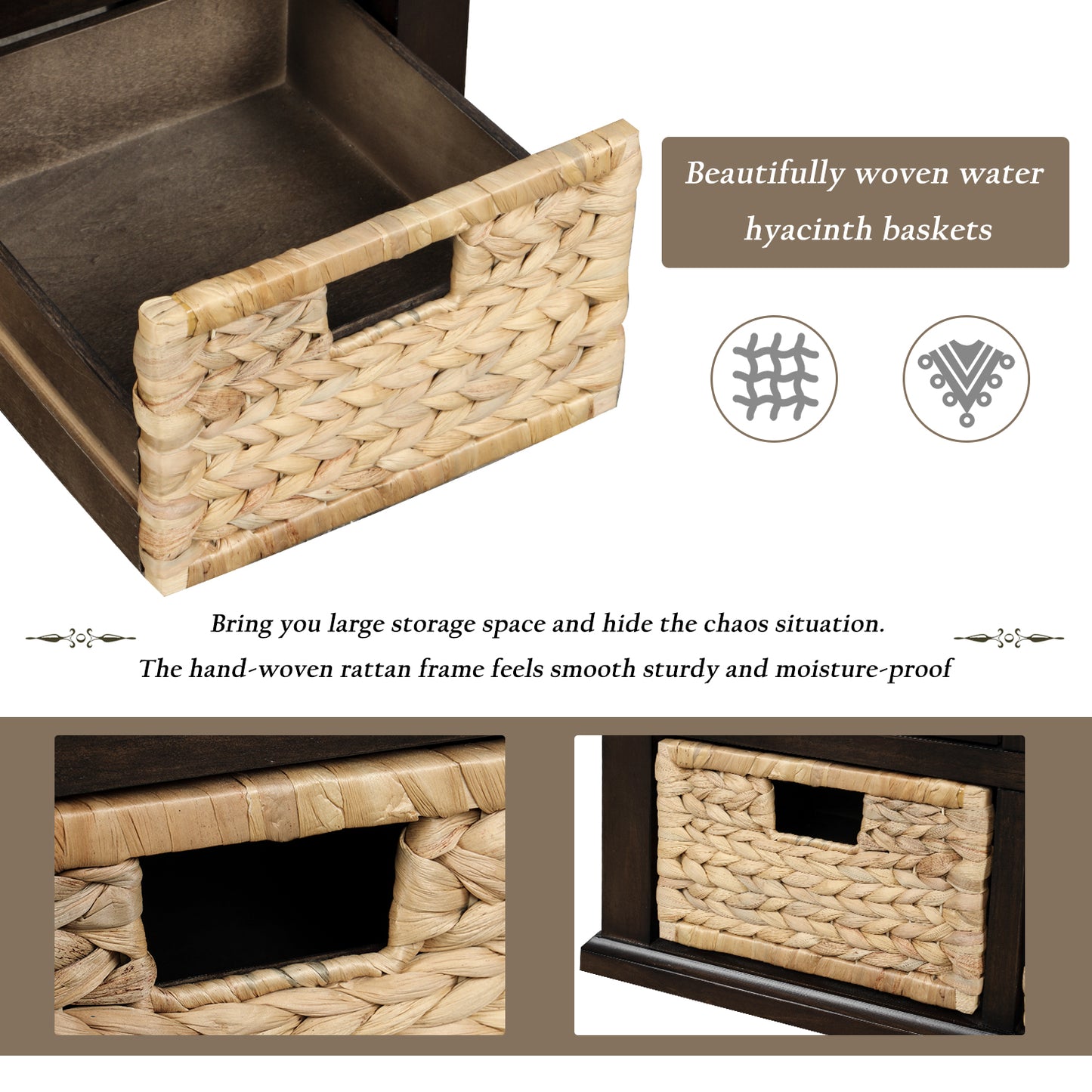 Rustic Storage Bench with 3 Drawers and 3 Rattan Baskets Shoe Bench for Living Room Entryway Espresso