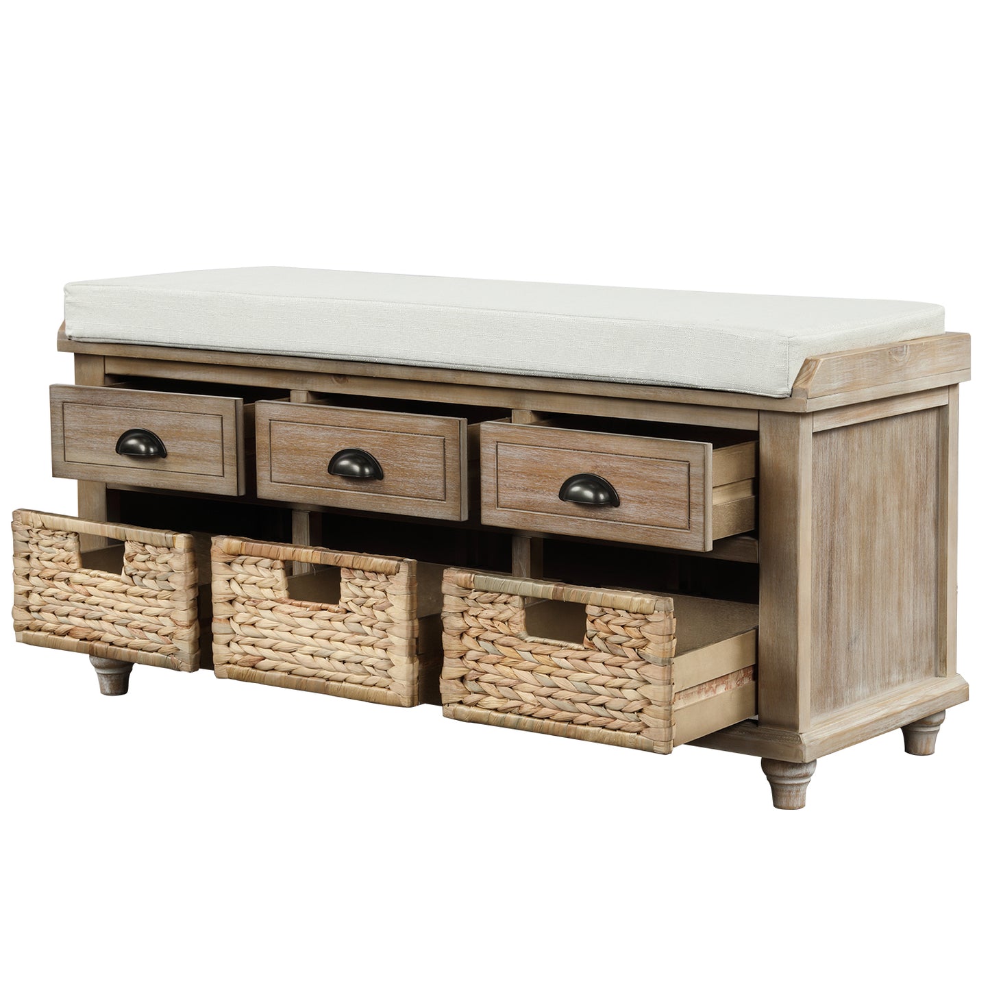 Rustic Storage Bench with 3 Drawers and 3 Rattan Baskets Shoe Bench for Living Room Entryway White Washed