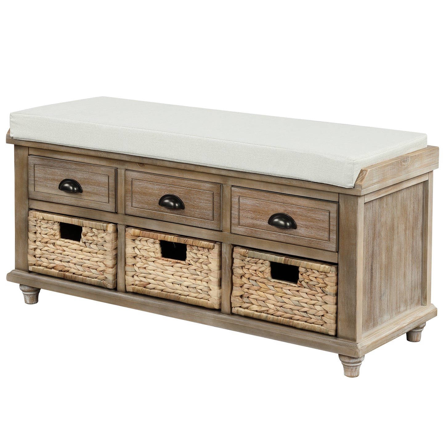 Rustic Storage Bench with 3 Drawers and 3 Rattan Baskets Shoe Bench for Living Room Entryway White Washed