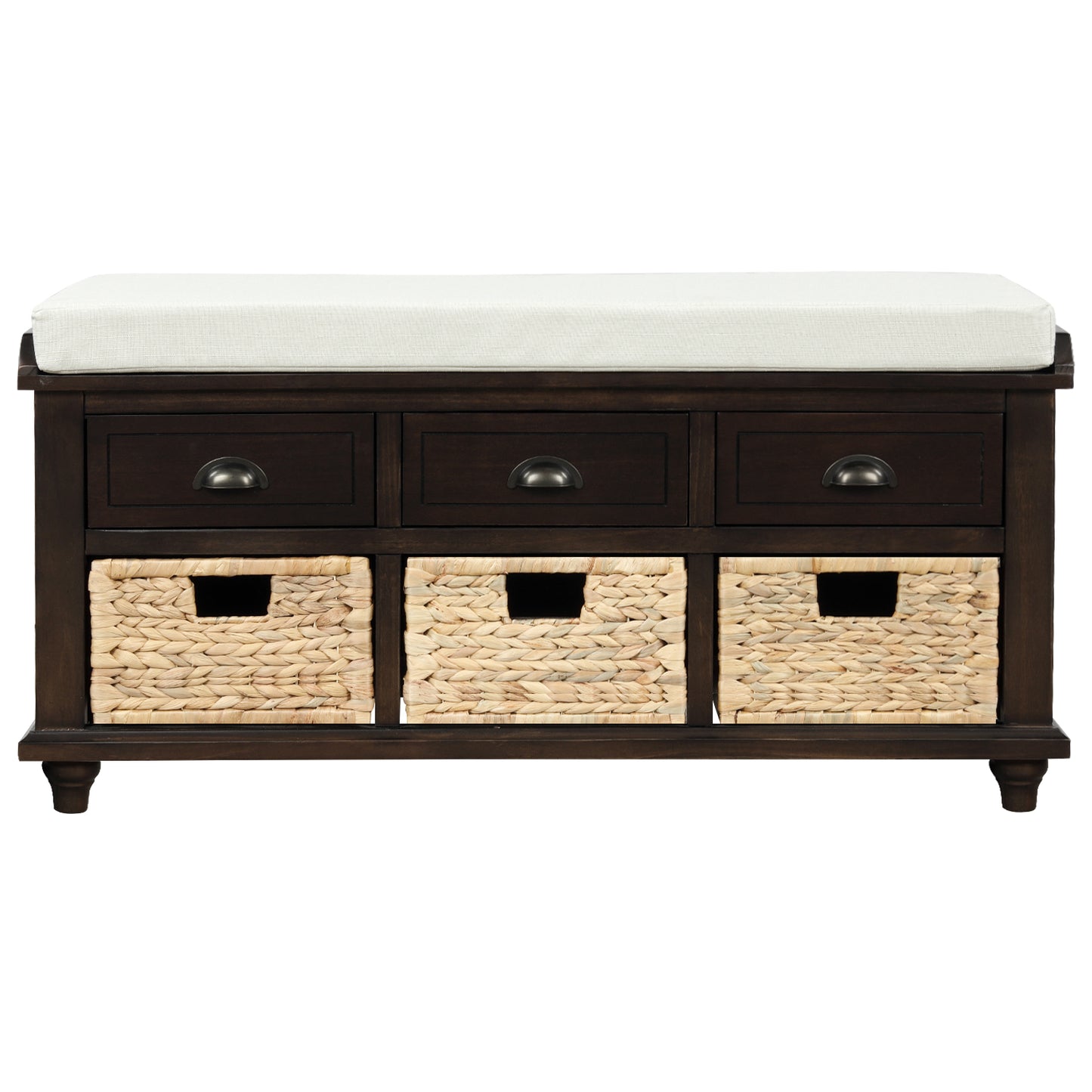 Rustic Storage Bench with 3 Drawers and 3 Rattan Baskets Shoe Bench for Living Room Entryway Espresso