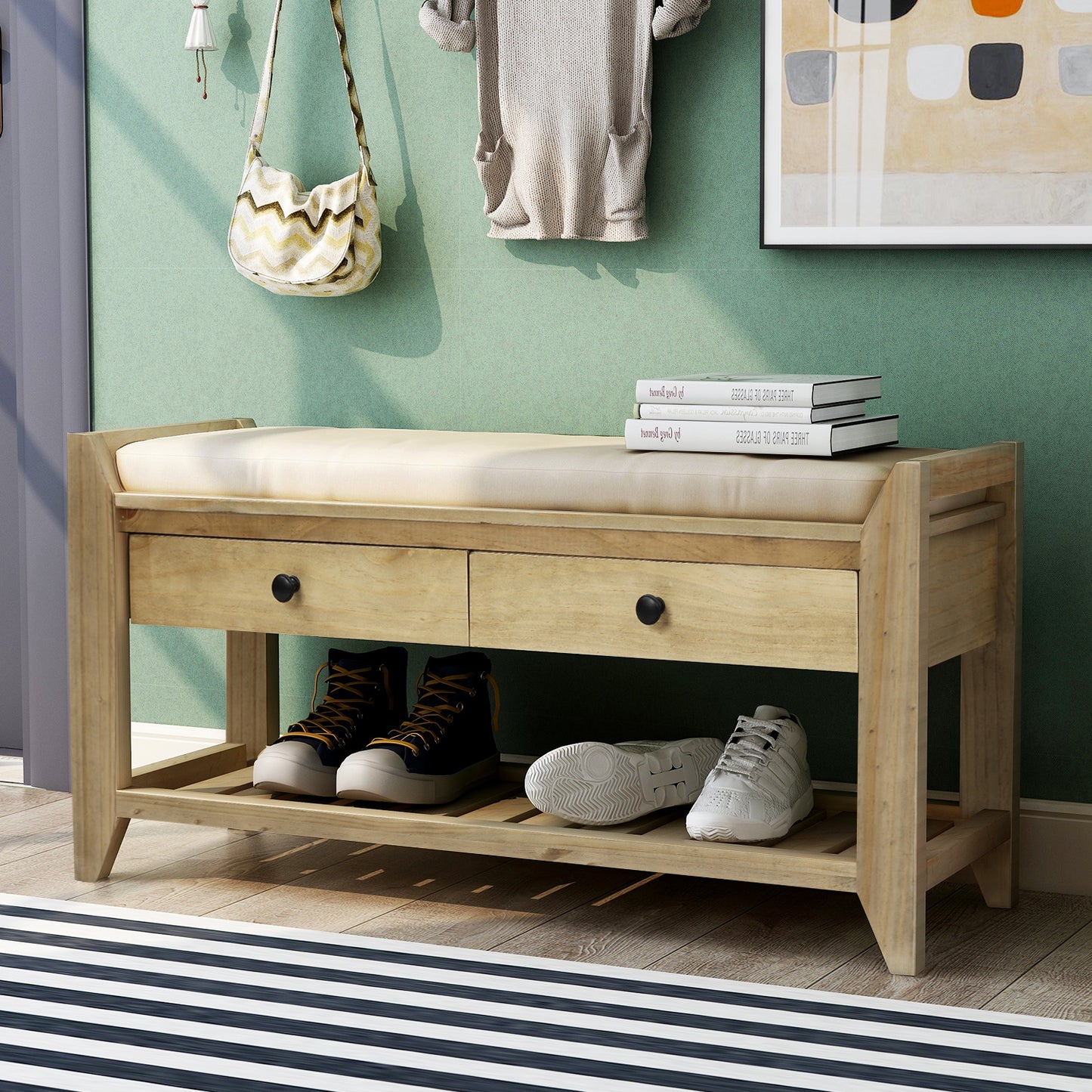 Shoe Rack with Cushioned Seat and Drawers Multipurpose Entryway Storage Bench Gray Wash