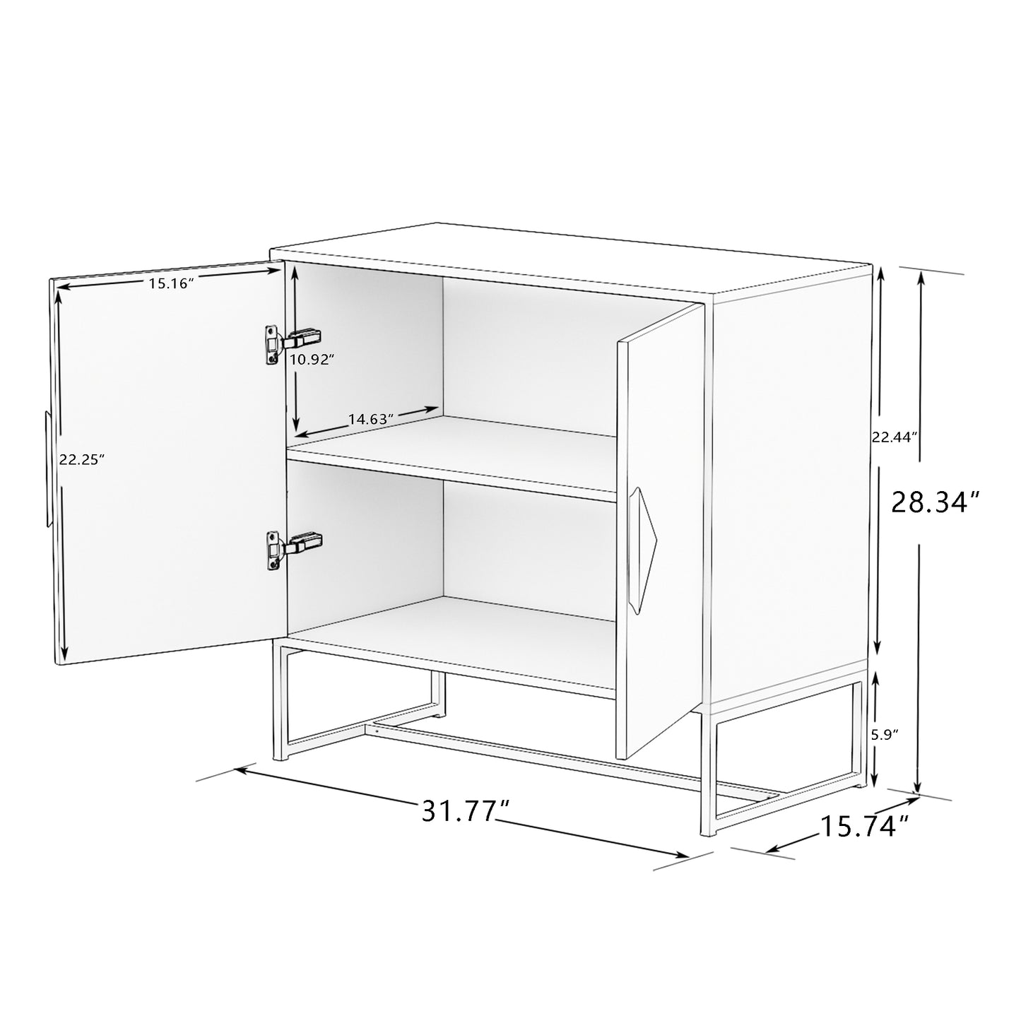 Solid Wood Square Handle 2 Doors Sideboard