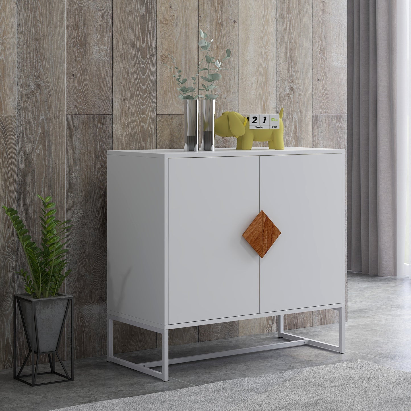 Solid Wood Square Handle 2 Doors Sideboard