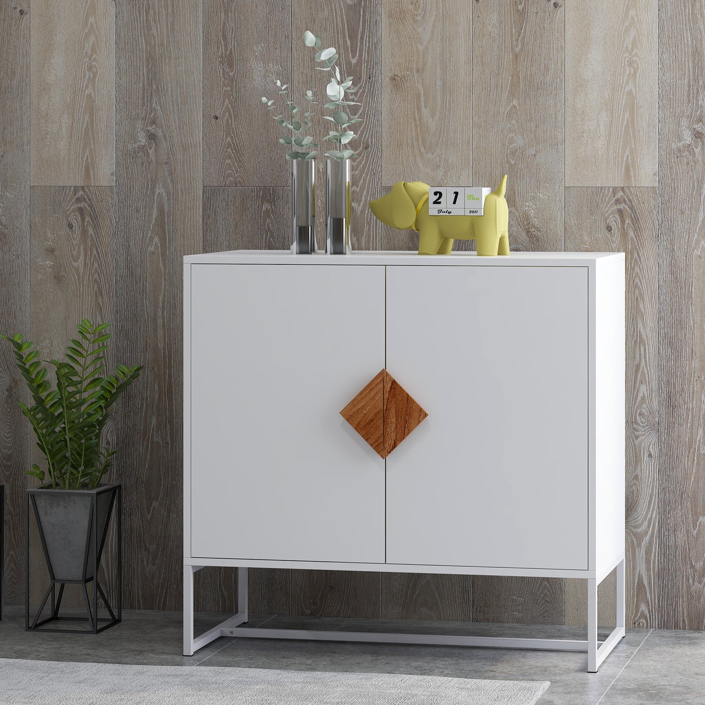 Solid Wood Square Handle 2 Doors Sideboard