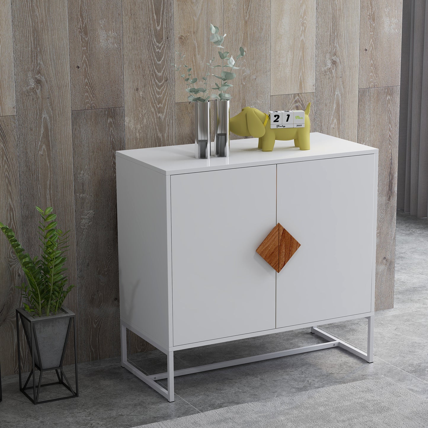 Solid Wood Square Handle 2 Doors Sideboard