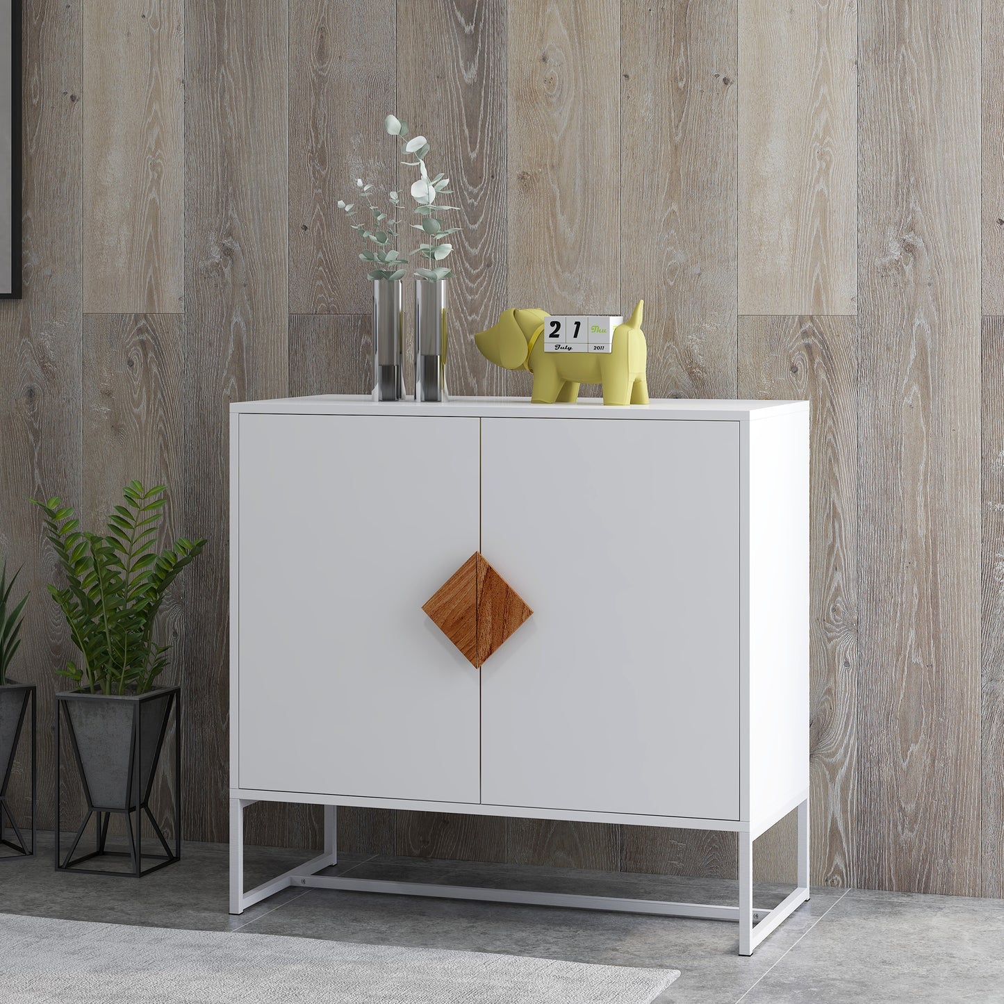 Solid Wood Square Handle 2 Doors Sideboard