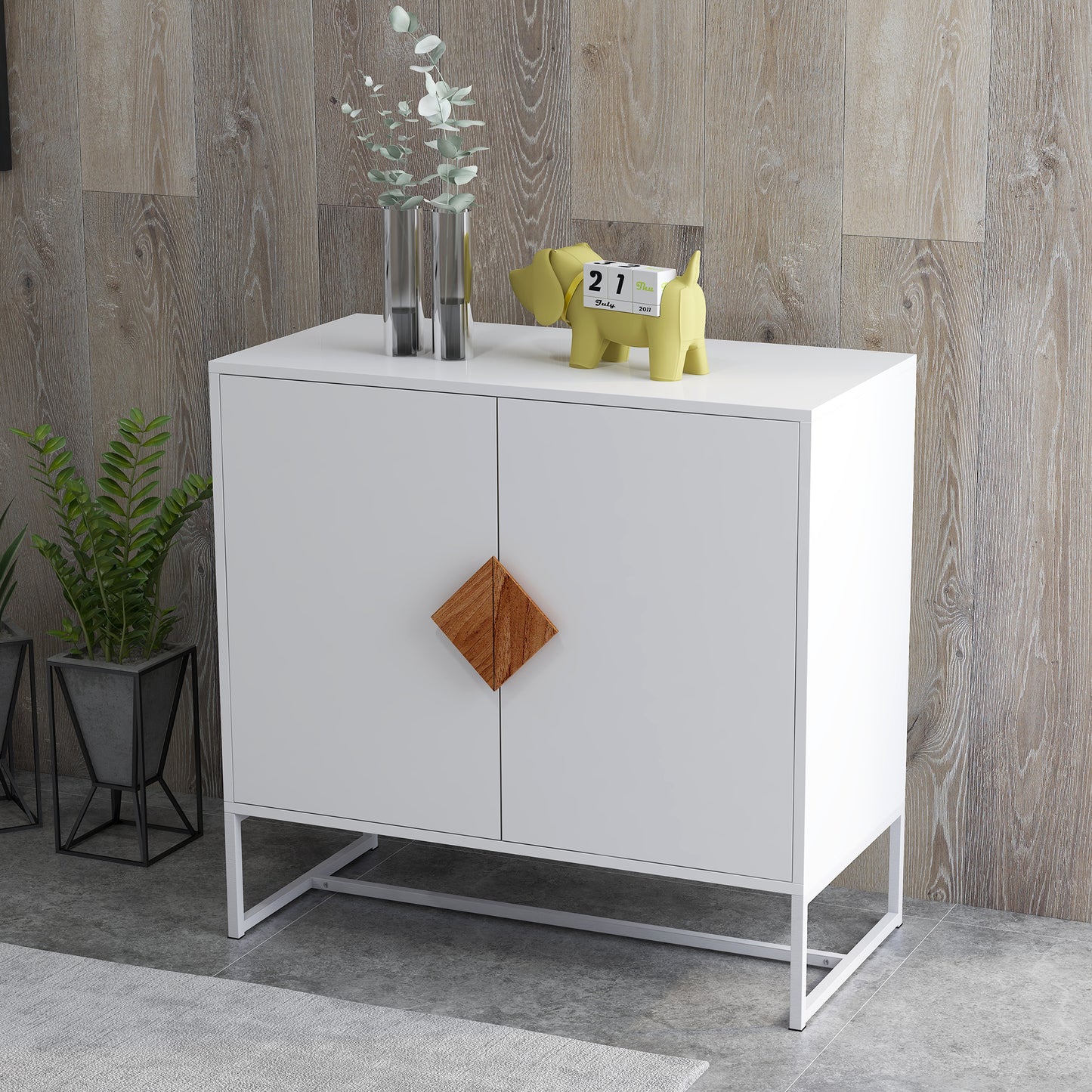 Solid Wood Square Handle 2 Doors Sideboard