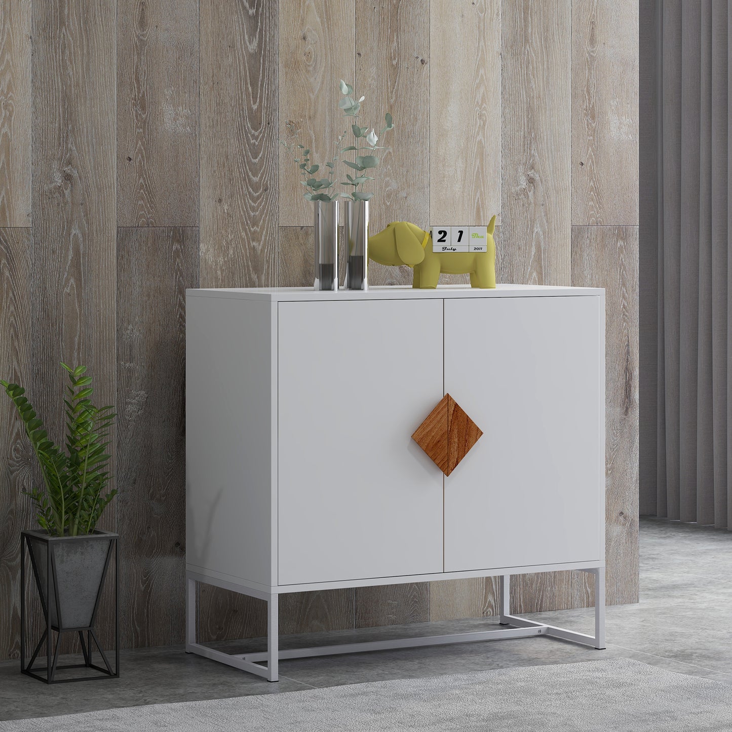 Solid Wood Square Handle 2 Doors Sideboard