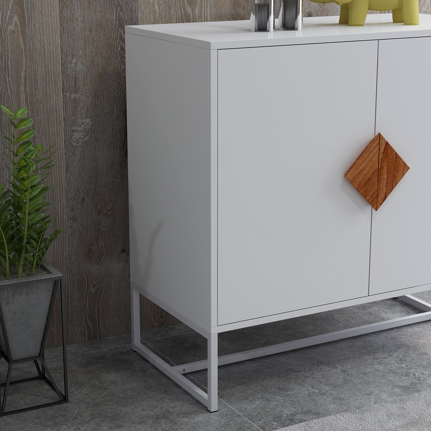 Solid Wood Square Handle 2 Doors Sideboard