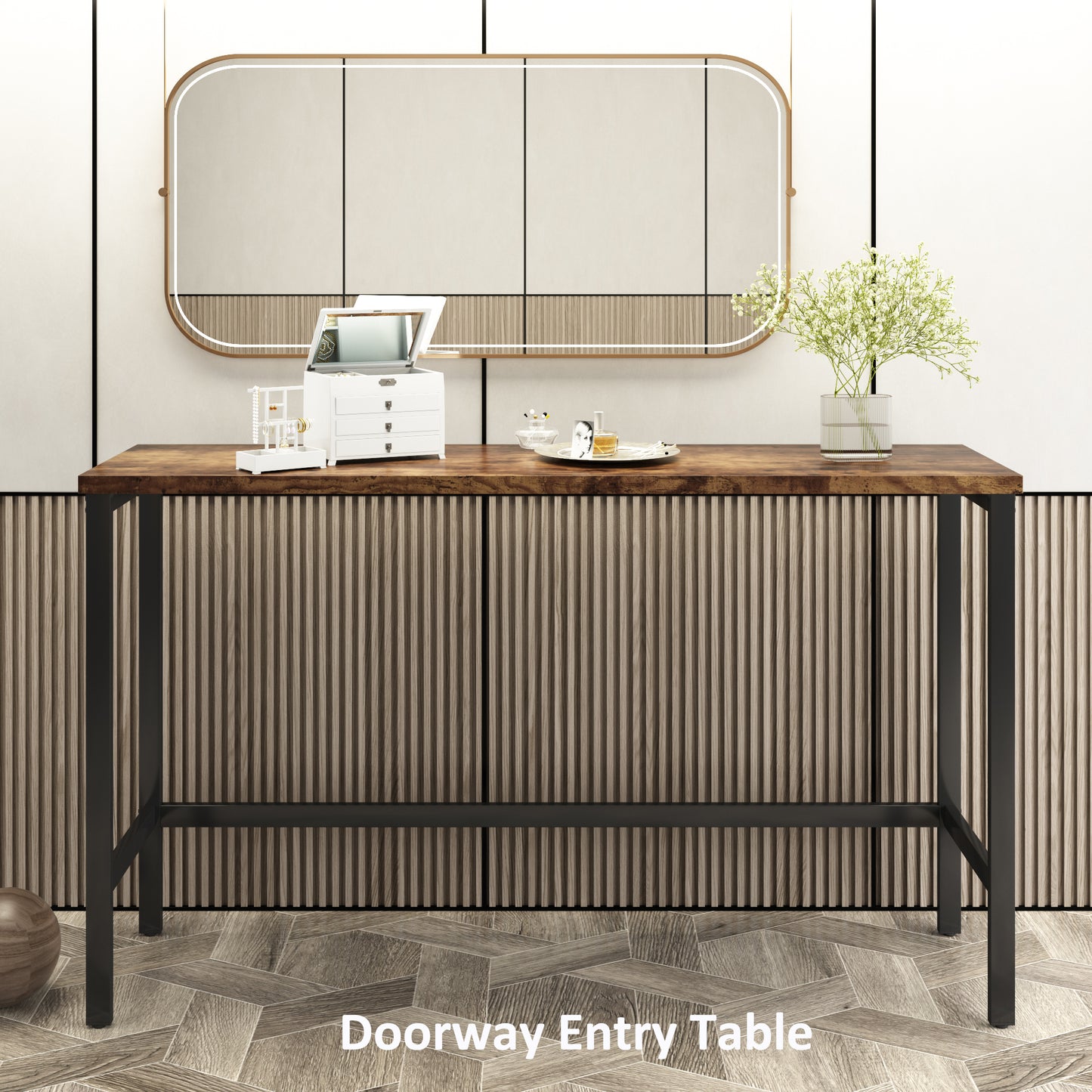 Extra Long Counter Height Dining Table Set with 3 Stools, Pub Kitchen Side Table with Footrest, Brown Finish