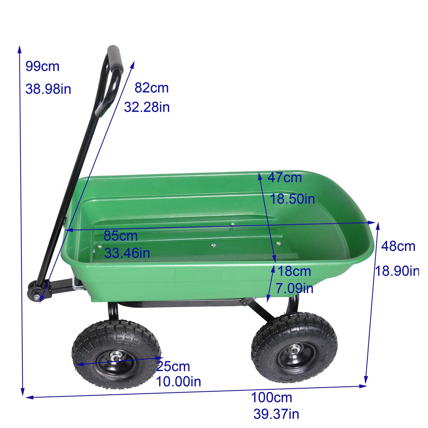 Folding Garden Dump Truck with Steel Frame 10 Inches Pneumatic Tire 300 lb Capacity Green