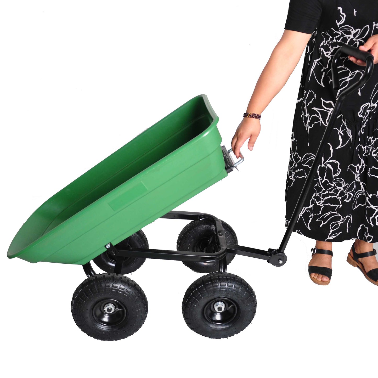 Folding Garden Dump Truck with Steel Frame 10 Inches Pneumatic Tire 300 lb Capacity Green