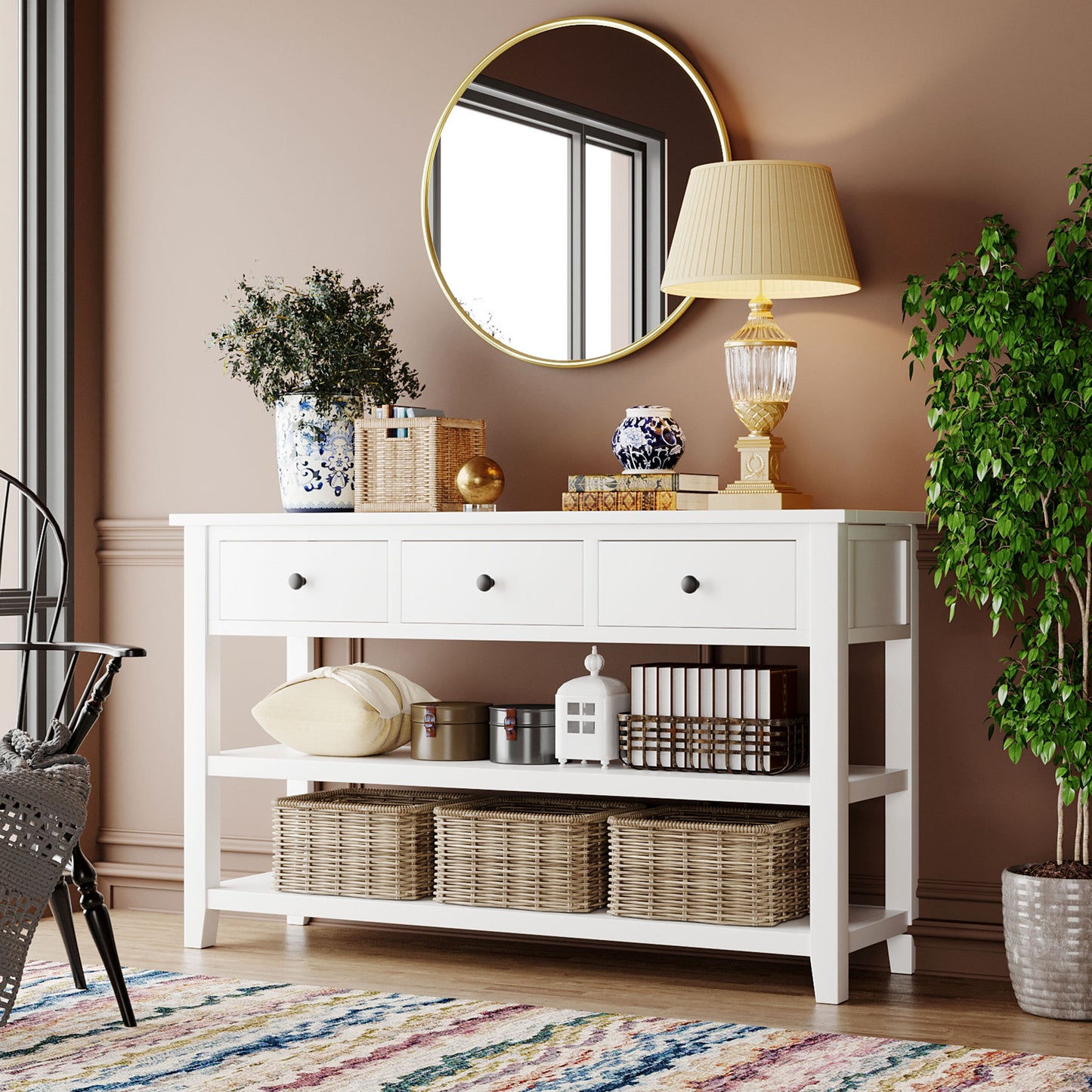 Retro Design Console Table with Two Open Shelves, Solid Pine Frame and Legs for Living Room - Antique White Finish