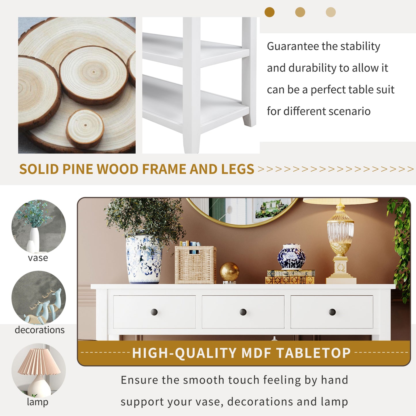 Retro Design Console Table with Two Open Shelves, Solid Pine Frame and Legs for Living Room - Antique White Finish