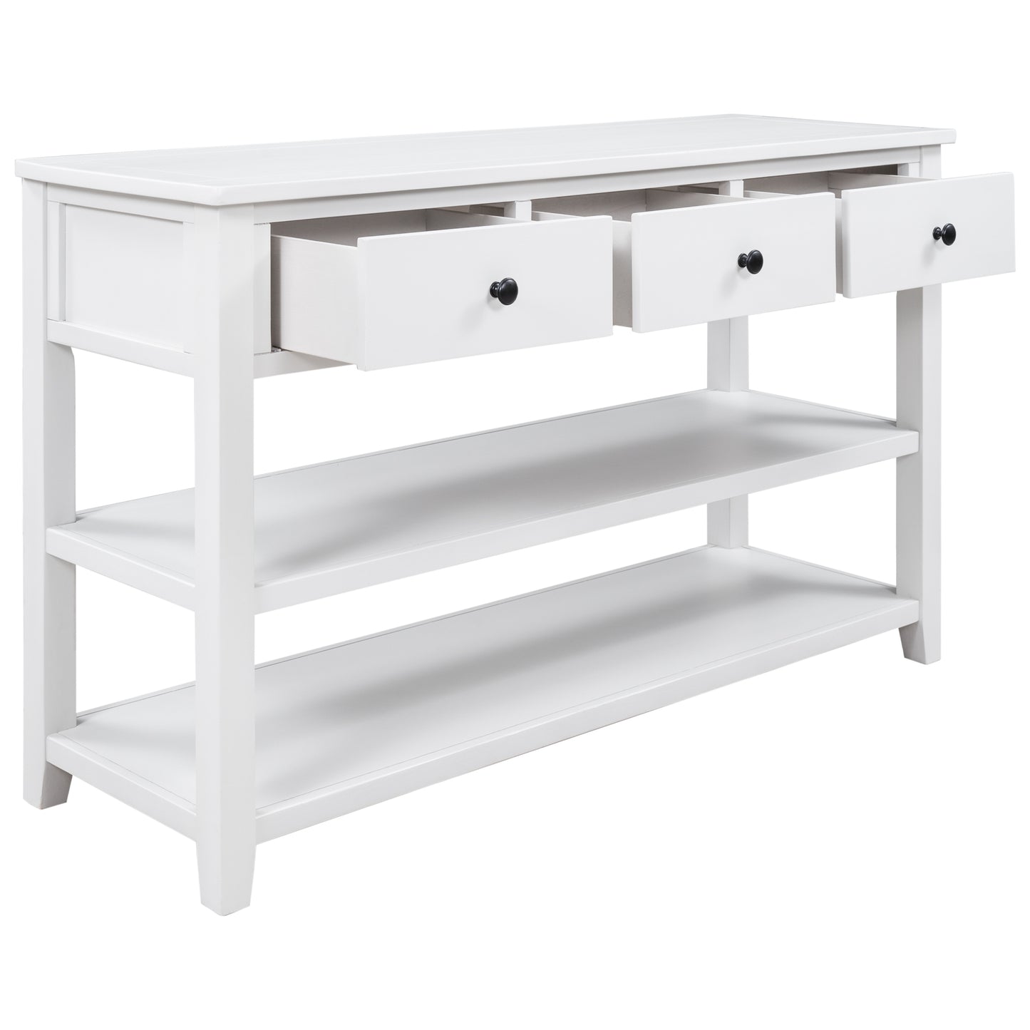 Retro Design Console Table with Two Open Shelves, Solid Pine Frame and Legs for Living Room - Antique White Finish