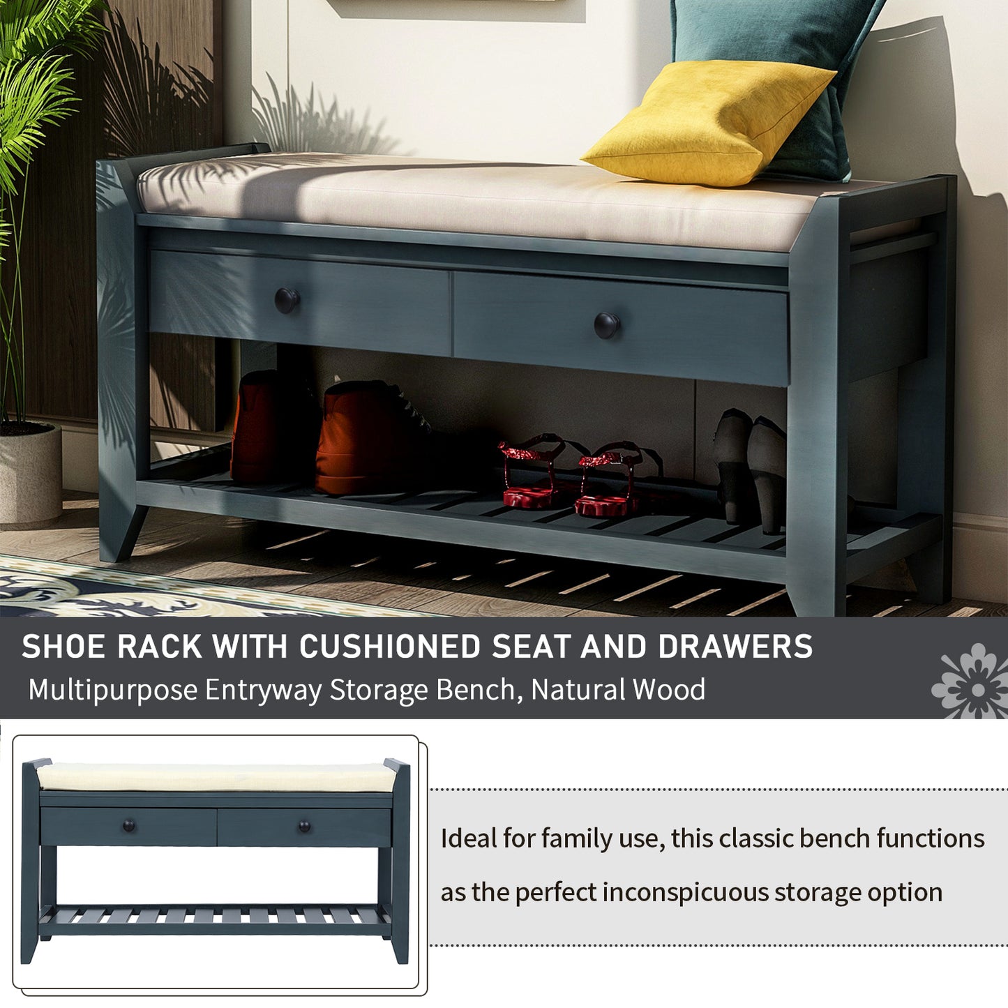 Shoe Rack with Cushioned Seat and Drawers, Multipurpose Entryway Storage Bench
