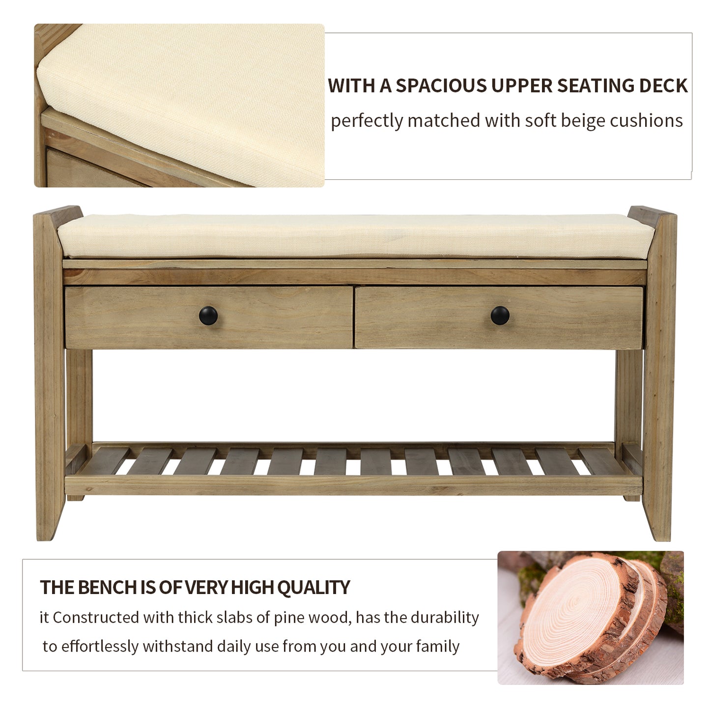 Shoe Rack with Cushioned Seat and Drawers Multipurpose Entryway Storage Bench Gray Wash