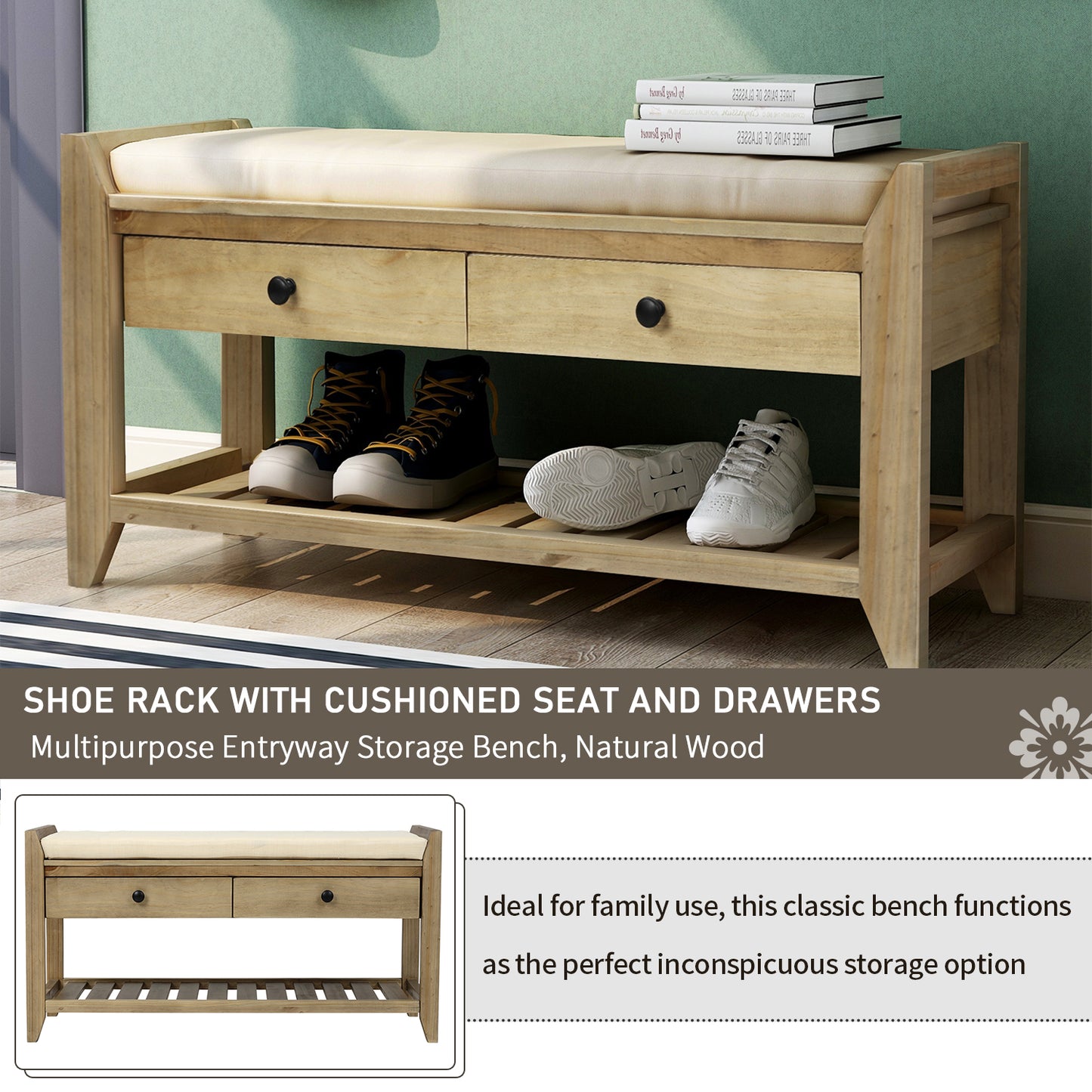 Shoe Rack with Cushioned Seat and Drawers Multipurpose Entryway Storage Bench Gray Wash