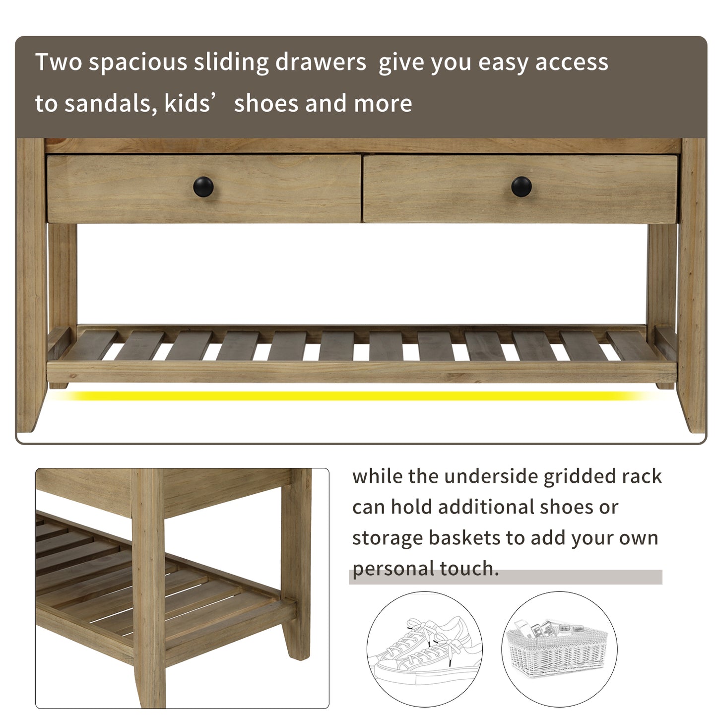 Shoe Rack with Cushioned Seat and Drawers Multipurpose Entryway Storage Bench Gray Wash