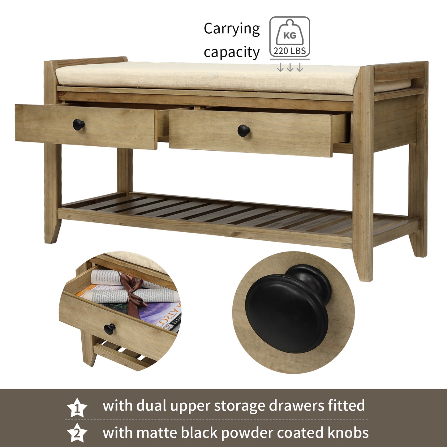 Shoe Rack with Cushioned Seat and Drawers Multipurpose Entryway Storage Bench Gray Wash