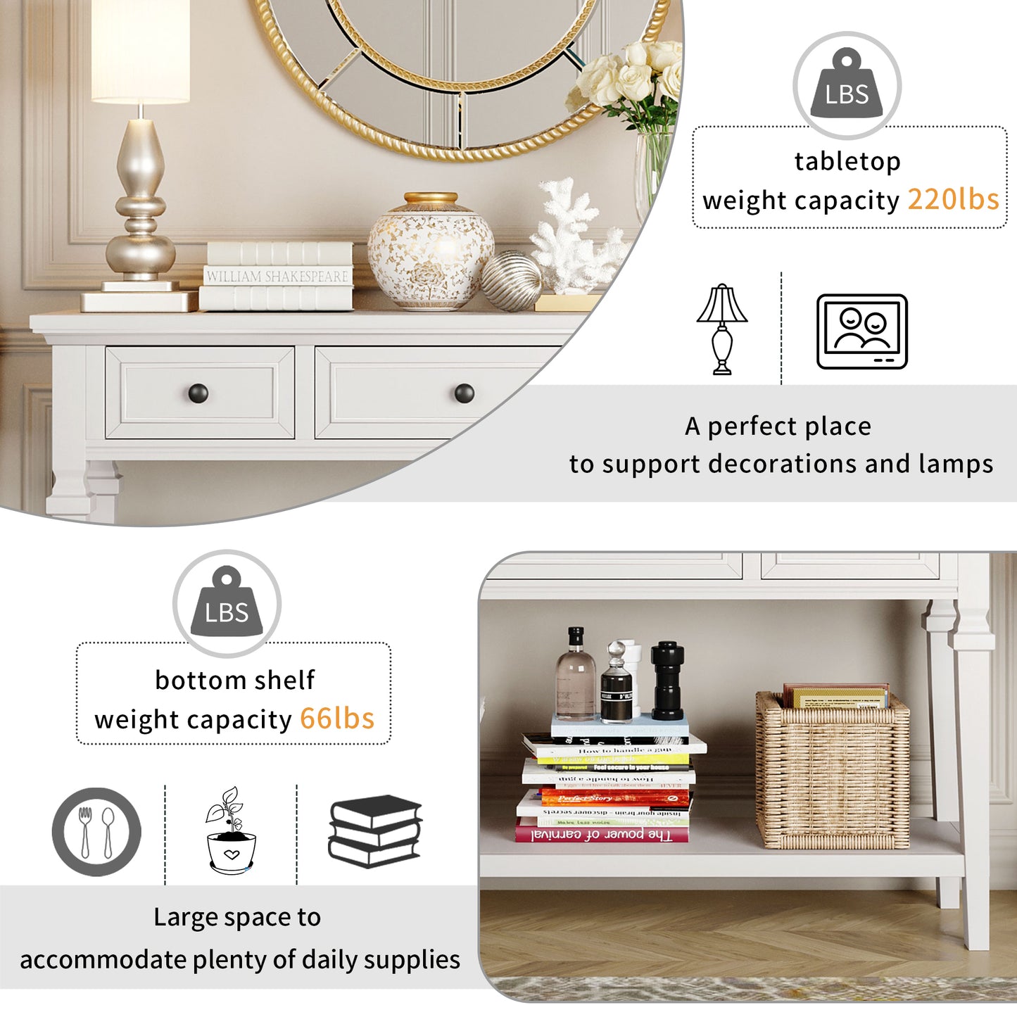 Classic Retro Console Table with 3 Drawers & Open Bottom Shelf, Antique White - Easy Assembly