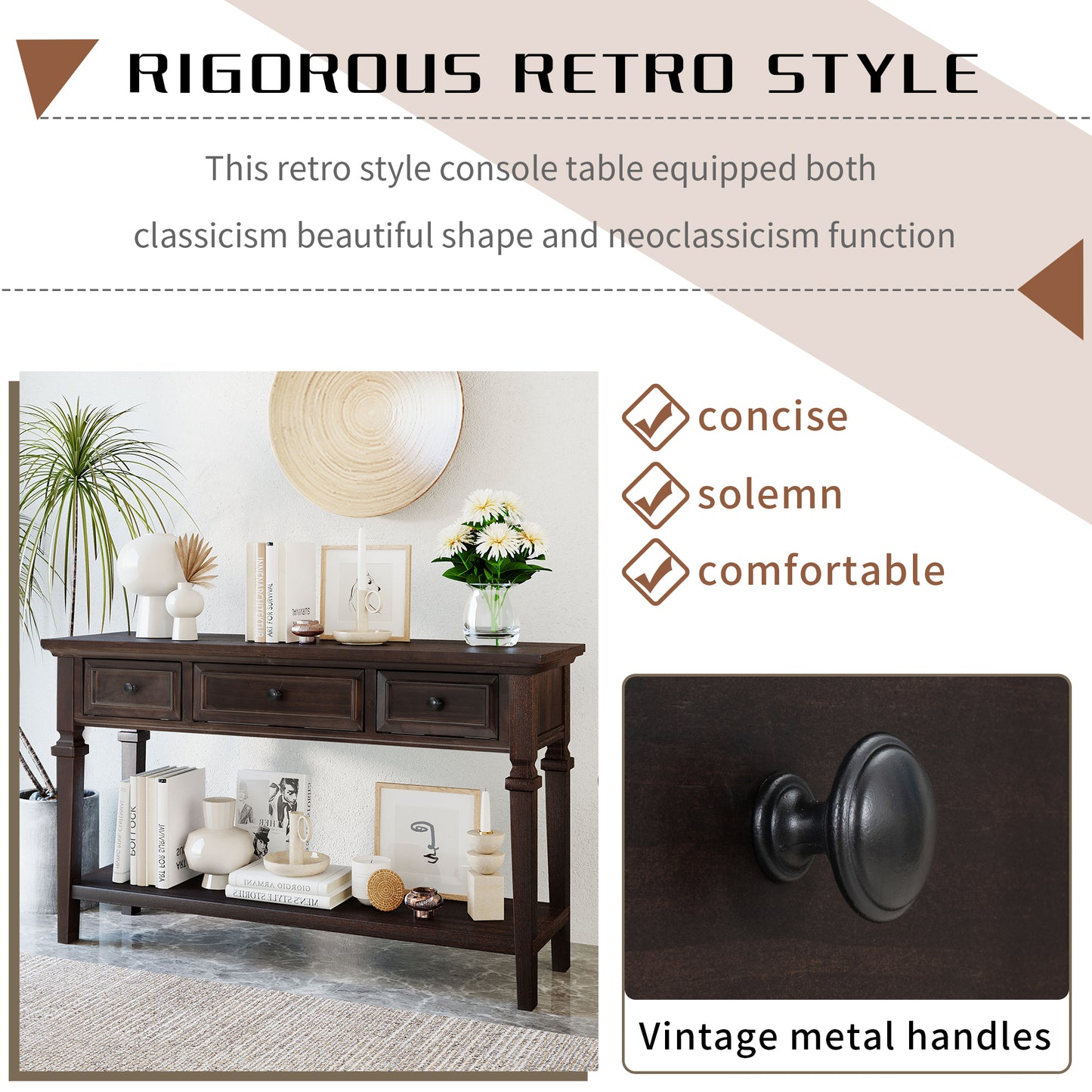 Classic Retro Console Table with 3 Drawers and Open Shelf – Easy Assembly, Espresso Finish