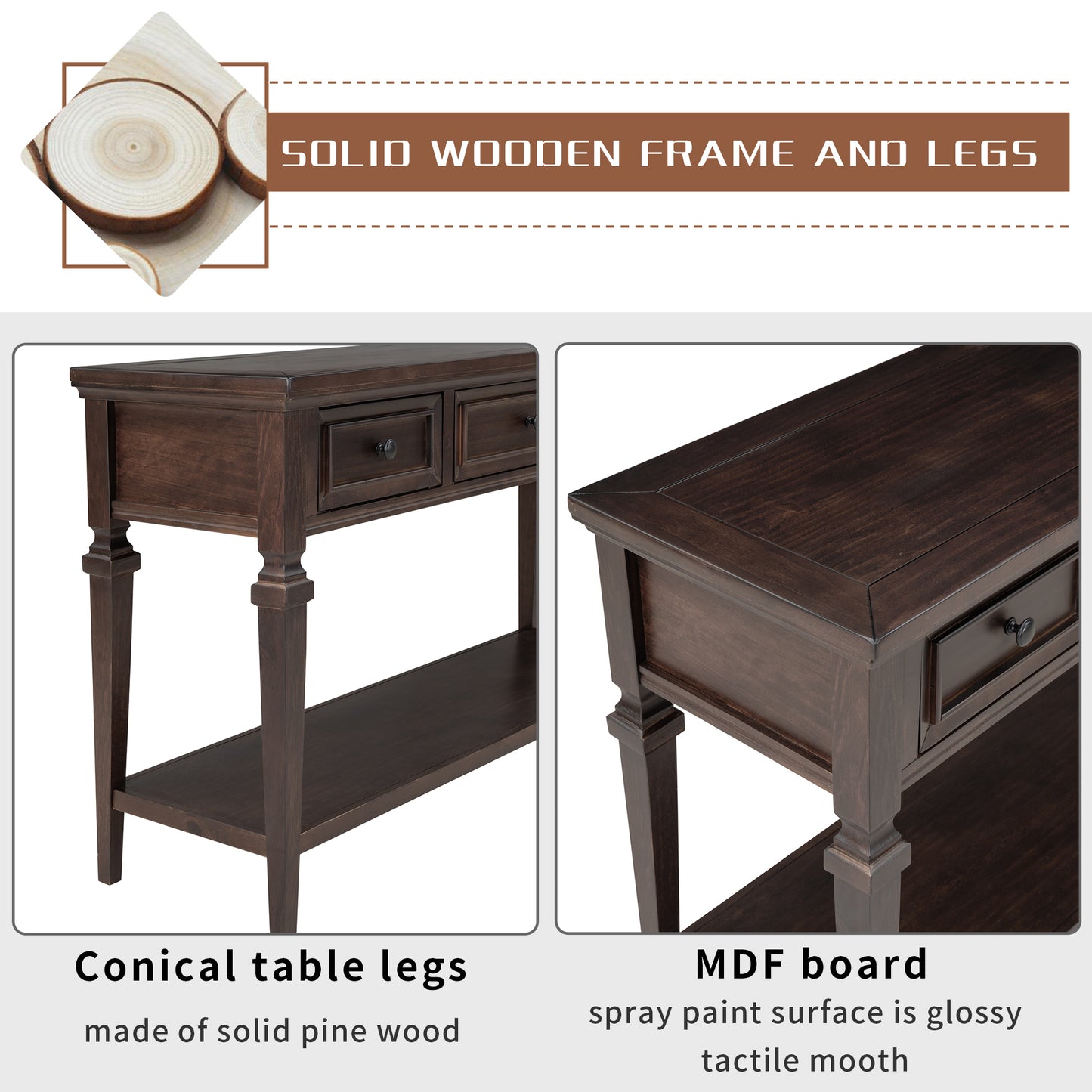 Classic Retro Console Table with 3 Drawers and Open Shelf – Easy Assembly, Espresso Finish