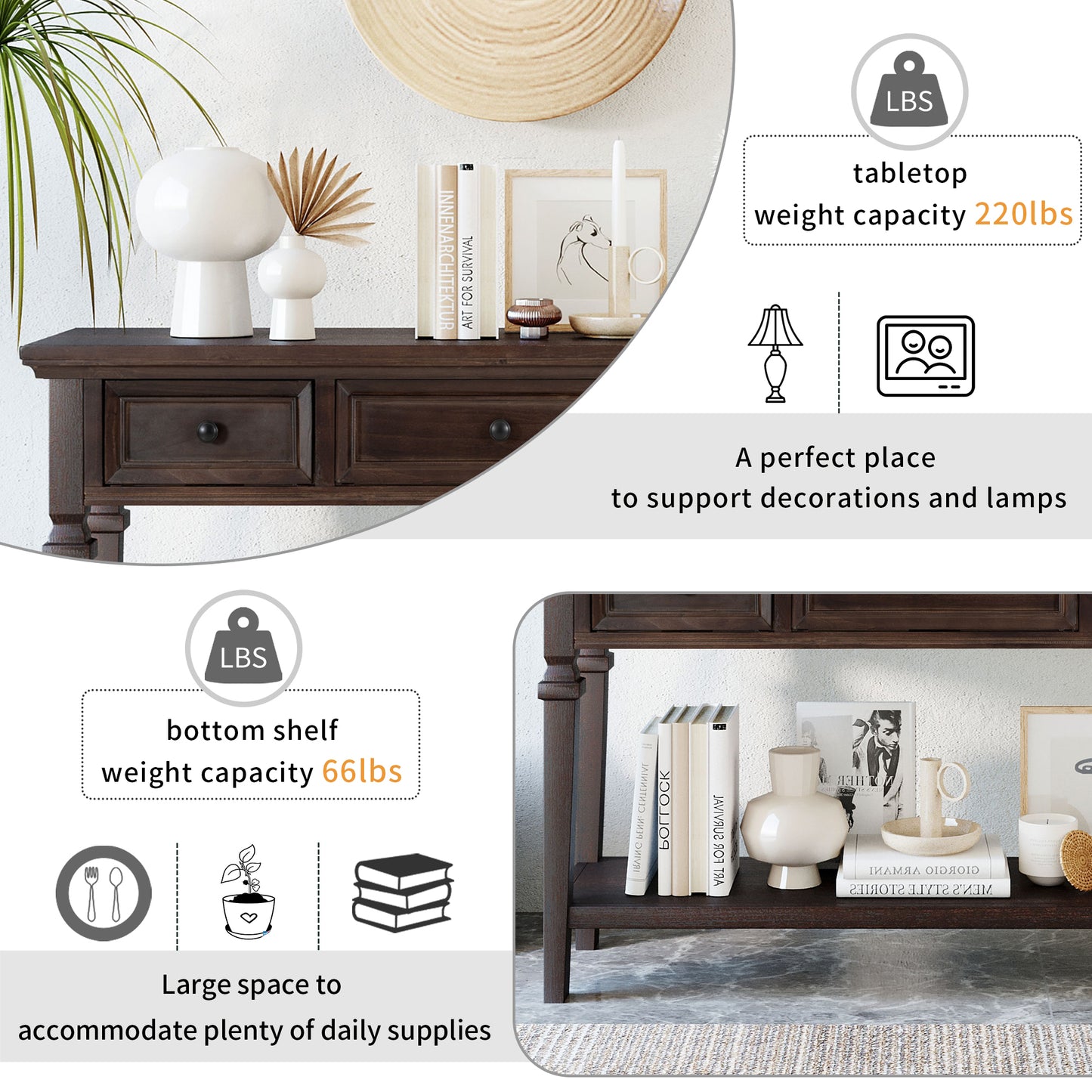 Classic Retro Console Table with 3 Drawers and Open Shelf – Easy Assembly, Espresso Finish