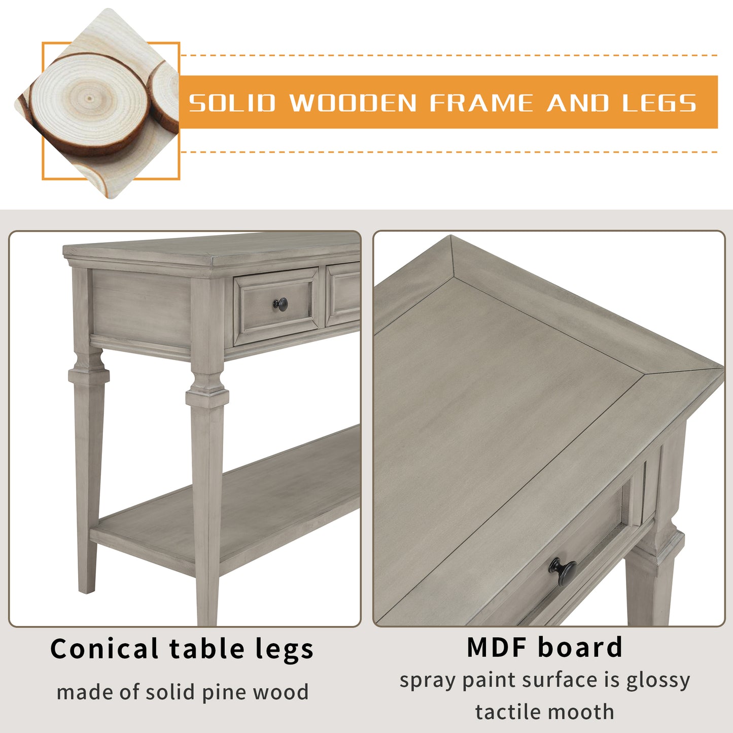 Classic Retro Style Console Table with 3 Top Drawers & Open Shelf, Easy Assembly (Gray Wash)
