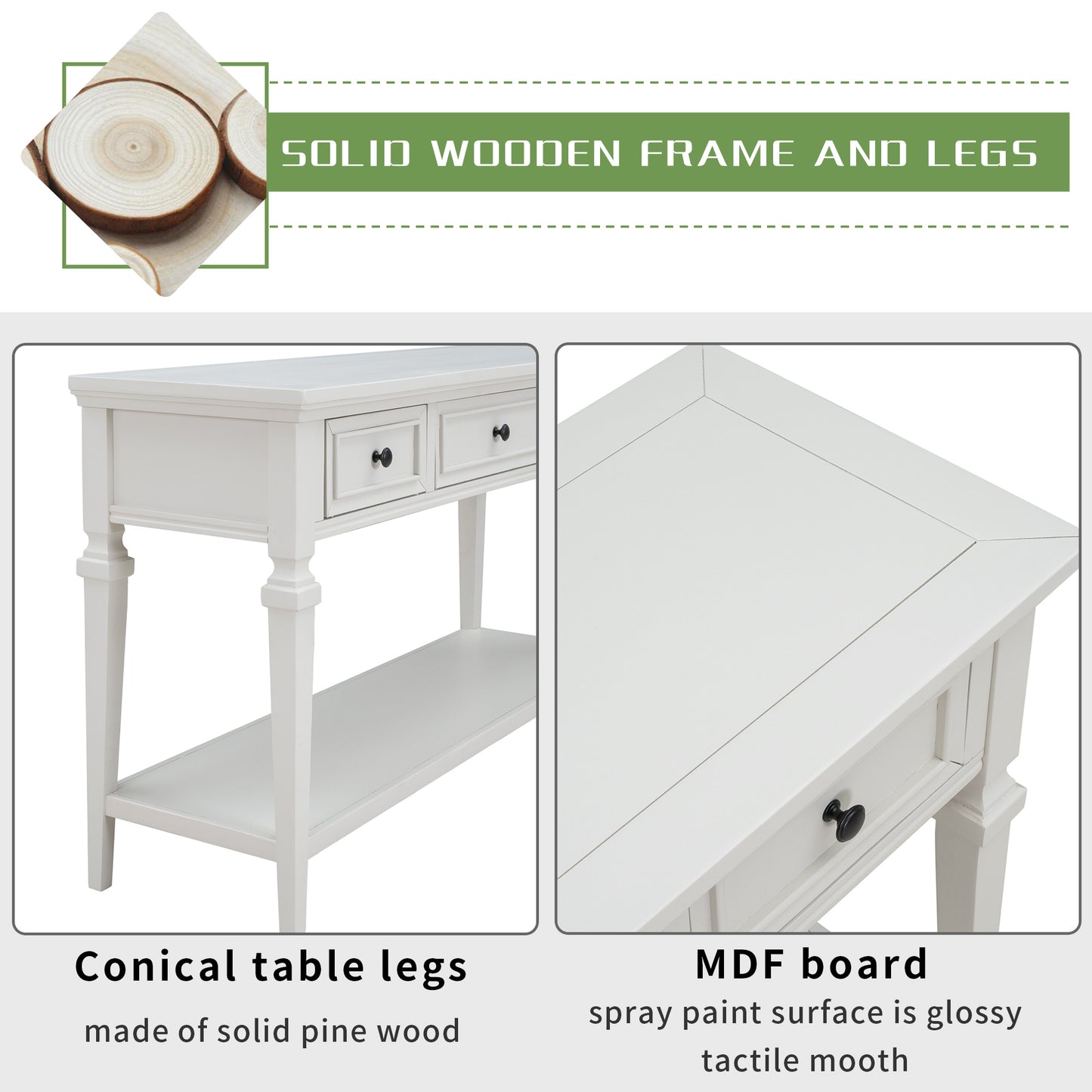 Classic Retro Console Table with 3 Drawers & Open Bottom Shelf, Antique White - Easy Assembly