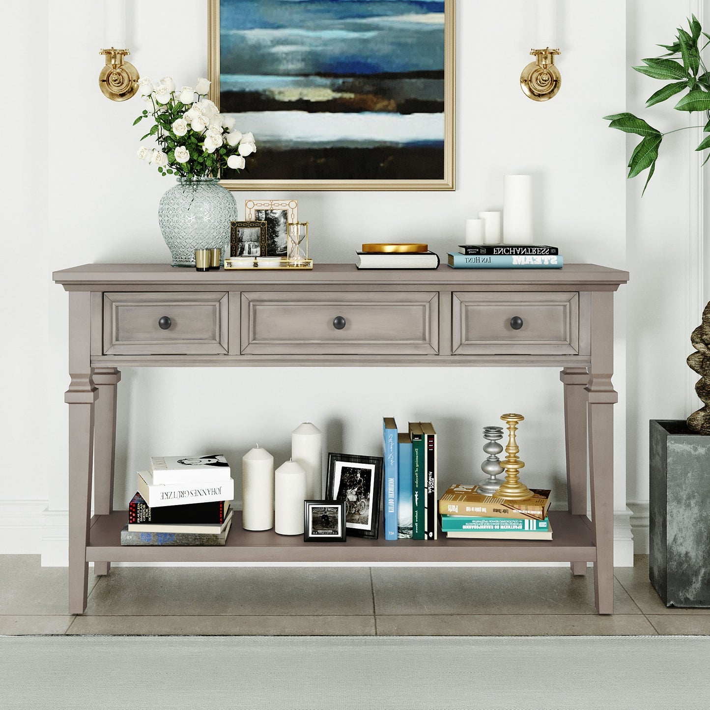 Classic Retro Style Console Table with 3 Top Drawers & Open Shelf, Easy Assembly (Gray Wash)