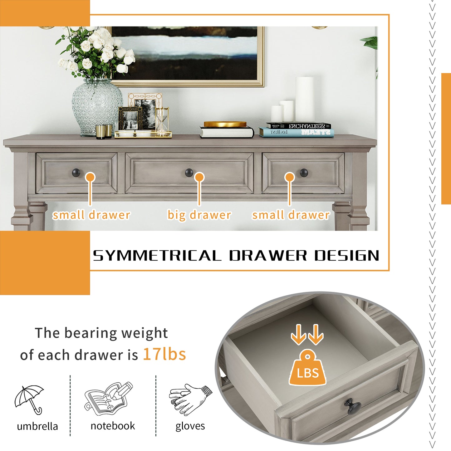 Classic Retro Style Console Table with 3 Top Drawers & Open Shelf, Easy Assembly (Gray Wash)