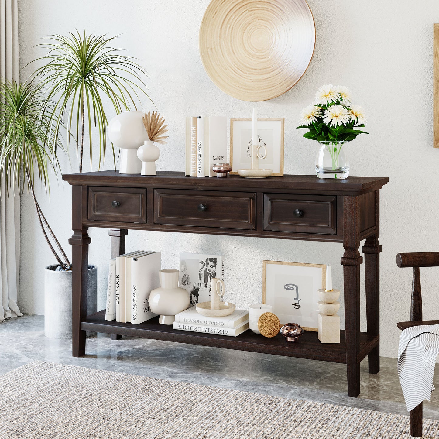 Classic Retro Console Table with 3 Drawers and Open Shelf – Easy Assembly, Espresso Finish