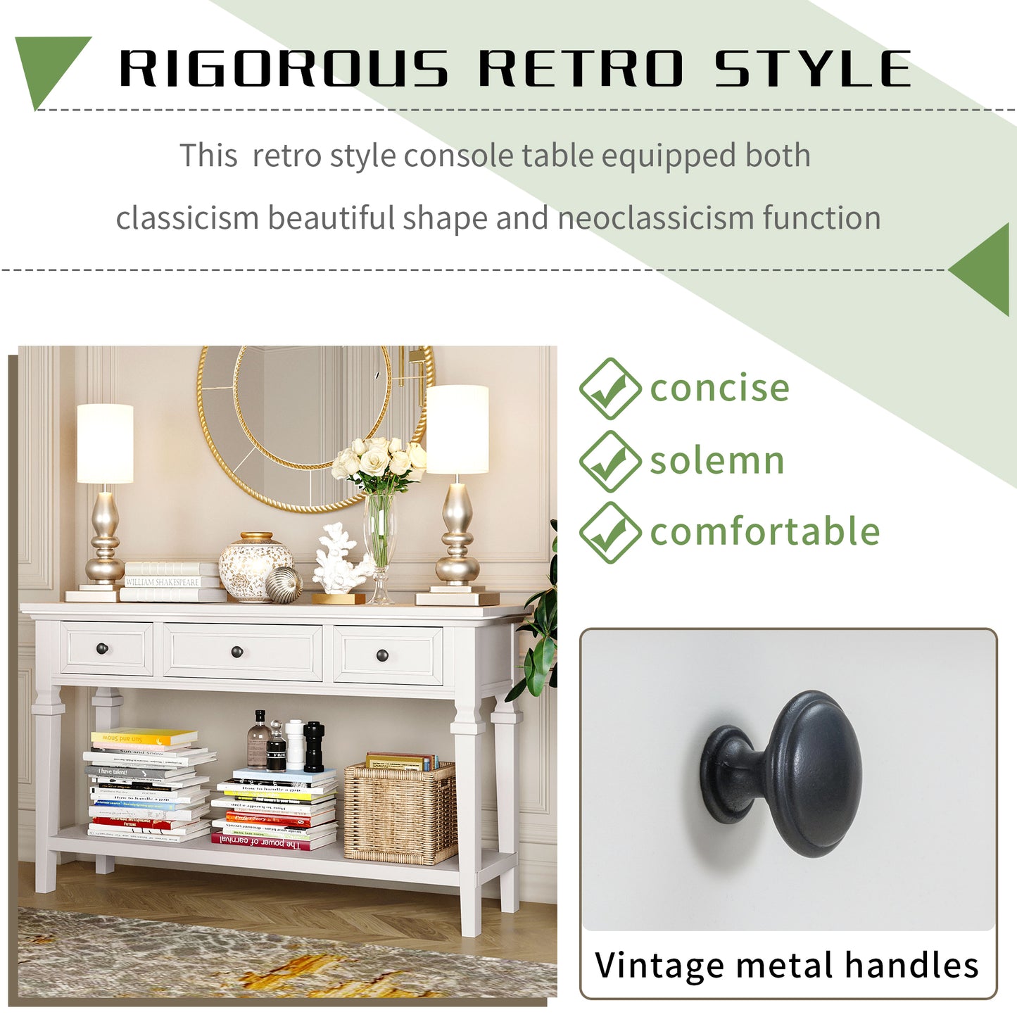 Classic Retro Console Table with 3 Drawers & Open Bottom Shelf, Antique White - Easy Assembly