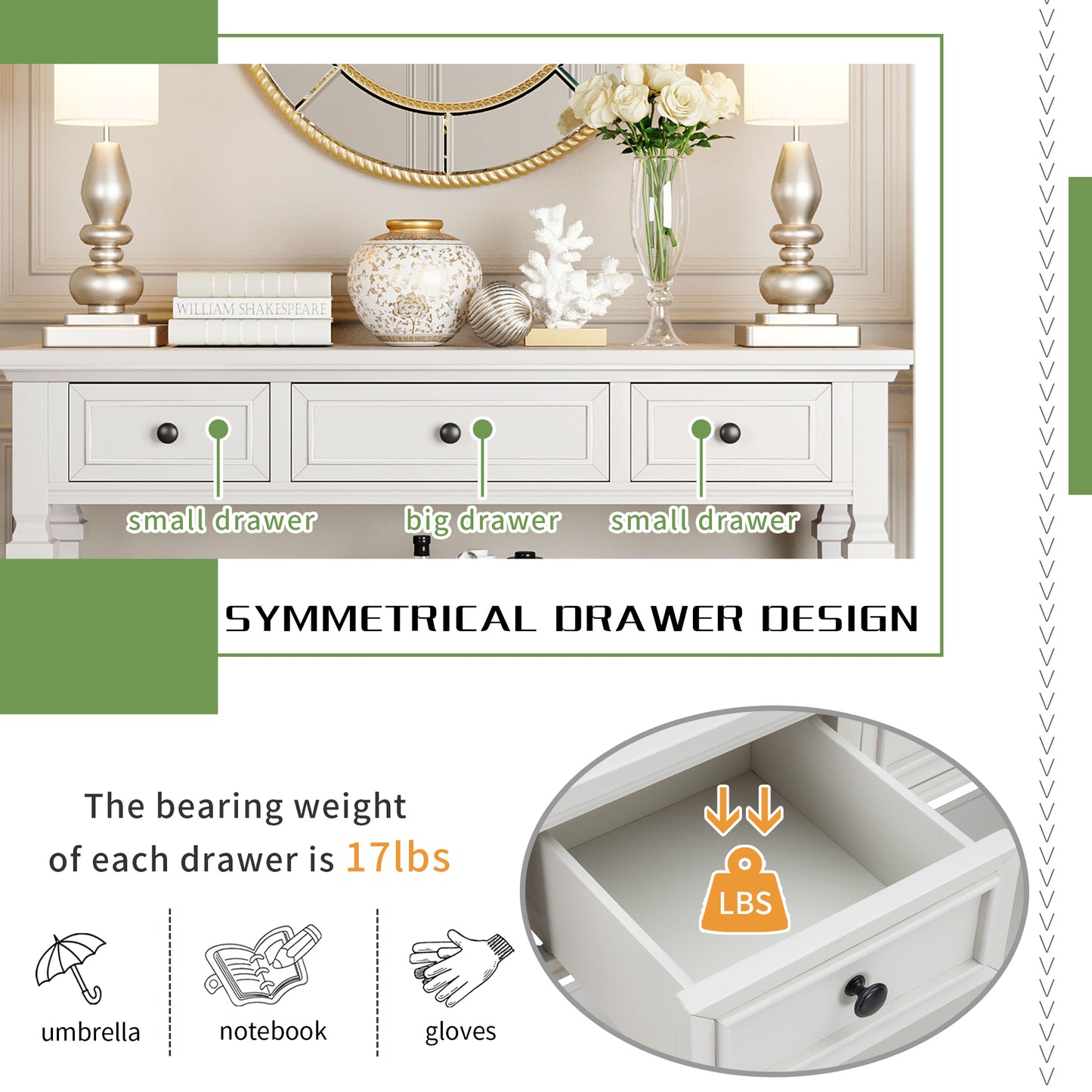 Classic Retro Console Table with 3 Drawers & Open Bottom Shelf, Antique White - Easy Assembly