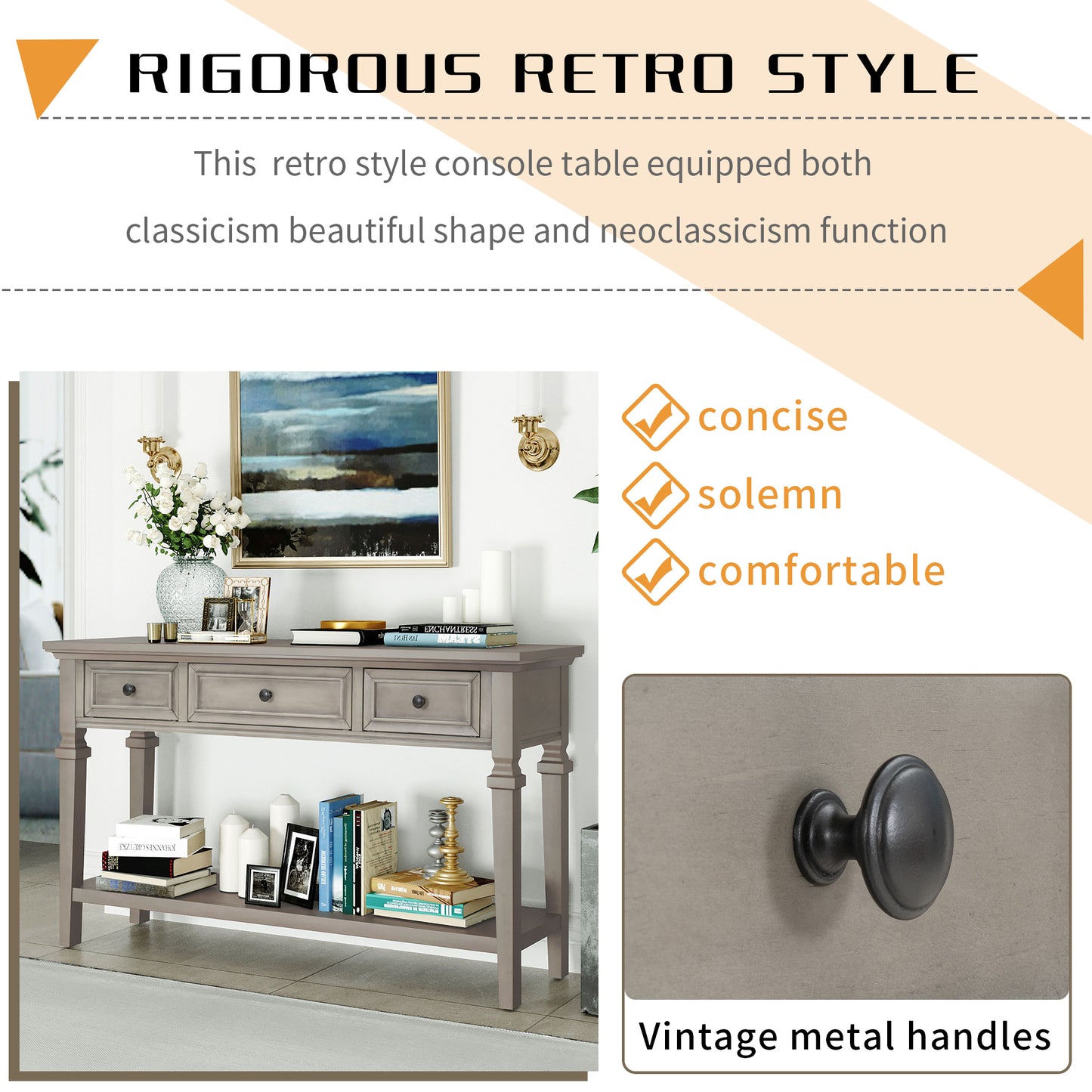 Classic Retro Style Console Table with 3 Top Drawers & Open Shelf, Easy Assembly (Gray Wash)