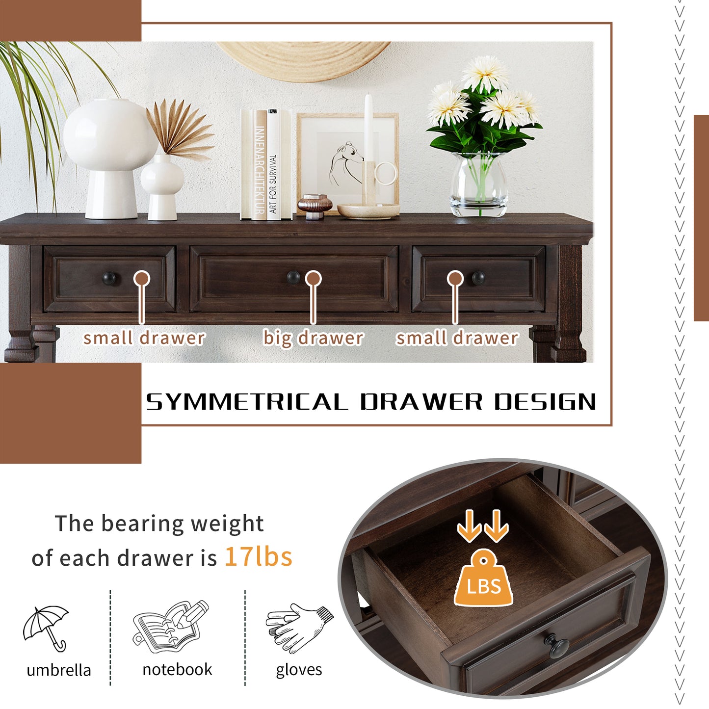 Classic Retro Console Table with 3 Drawers and Open Shelf – Easy Assembly, Espresso Finish