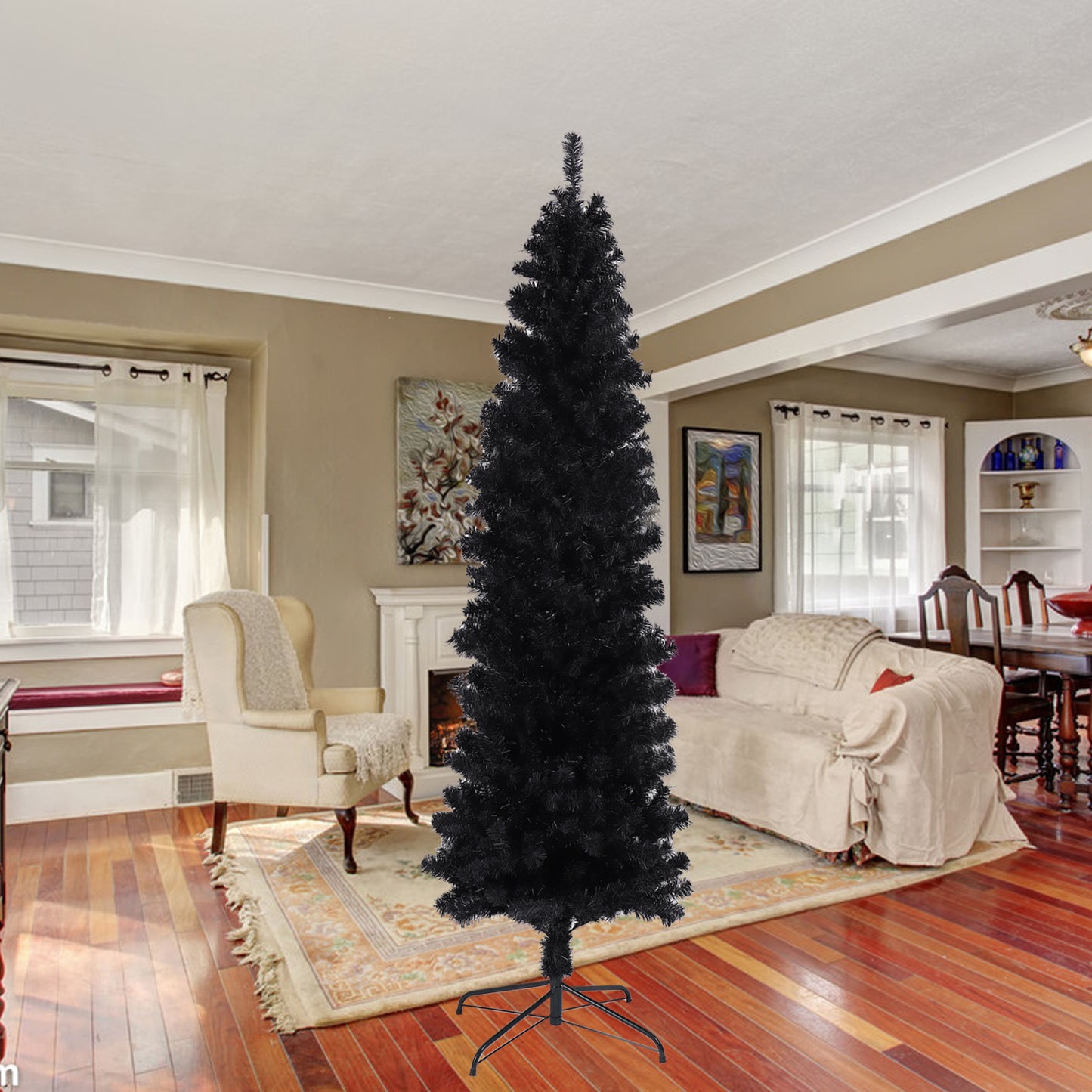 7.5FT Black Slim Artificial Christmas Tree with Foldable Metal Stand - Perfect for Holiday Décor, Space-Saving Design