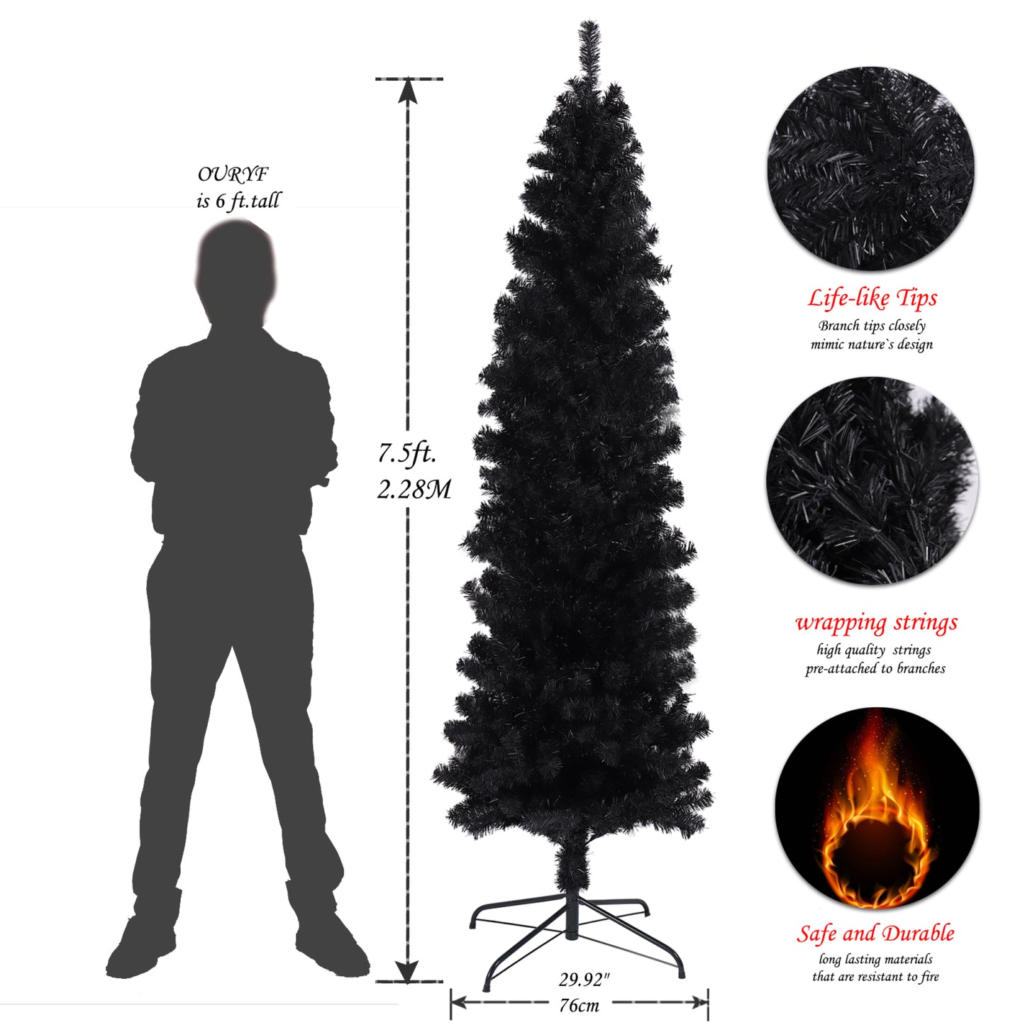 7.5FT Black Slim Artificial Christmas Tree with Foldable Metal Stand - Perfect for Holiday Décor, Space-Saving Design