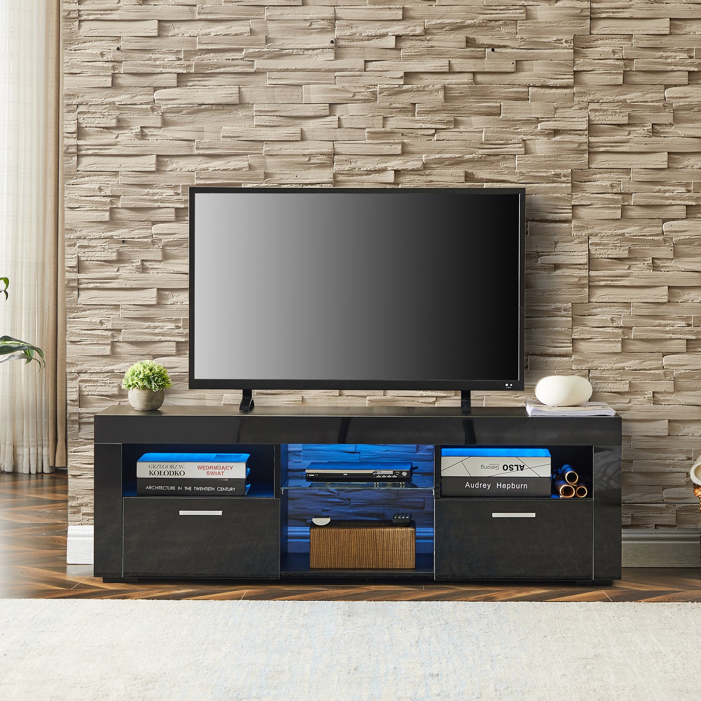 Black Modern TV Stand with LED Lights, High Gloss Finish, Stylish TV Cabinet for Lounge, Living Room or Bedroom, Sleek Design, Color: Black