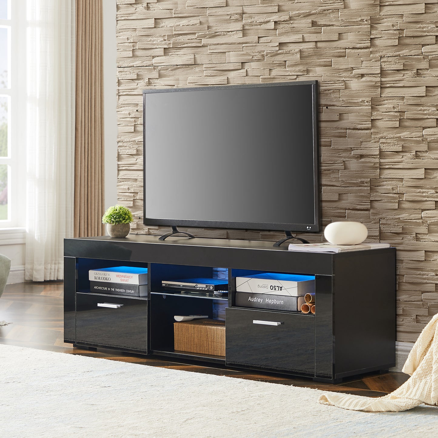 Black Modern TV Stand with LED Lights, High Gloss Finish, Stylish TV Cabinet for Lounge, Living Room or Bedroom, Sleek Design, Color: Black