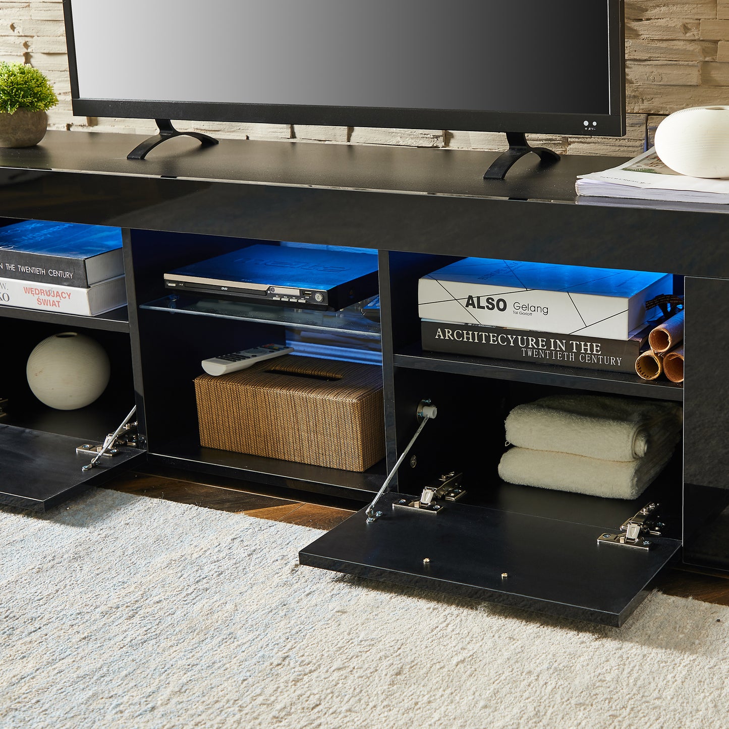Black Modern TV Stand with LED Lights, High Gloss Finish, Stylish TV Cabinet for Lounge, Living Room or Bedroom, Sleek Design, Color: Black