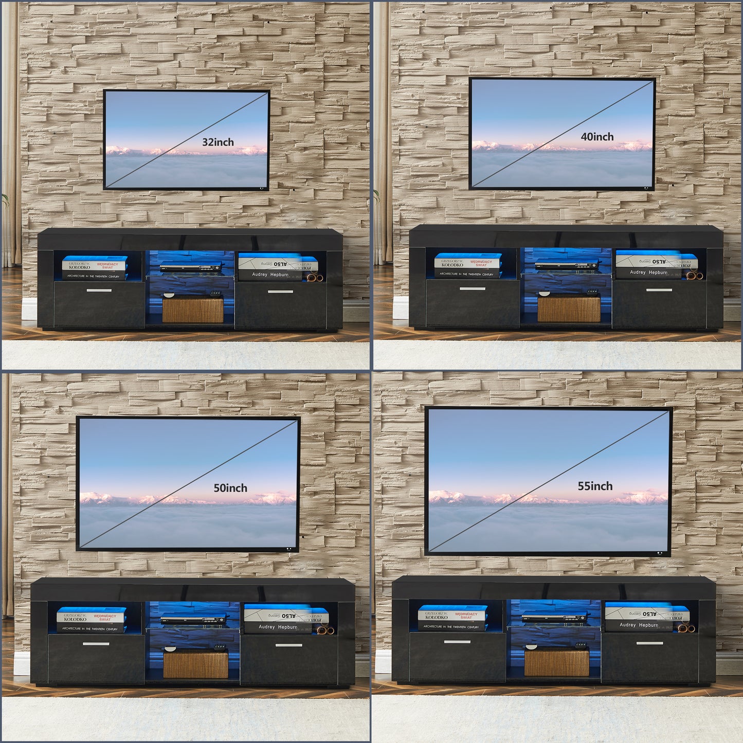 Black Modern TV Stand with LED Lights, High Gloss Finish, Stylish TV Cabinet for Lounge, Living Room or Bedroom, Sleek Design, Color: Black