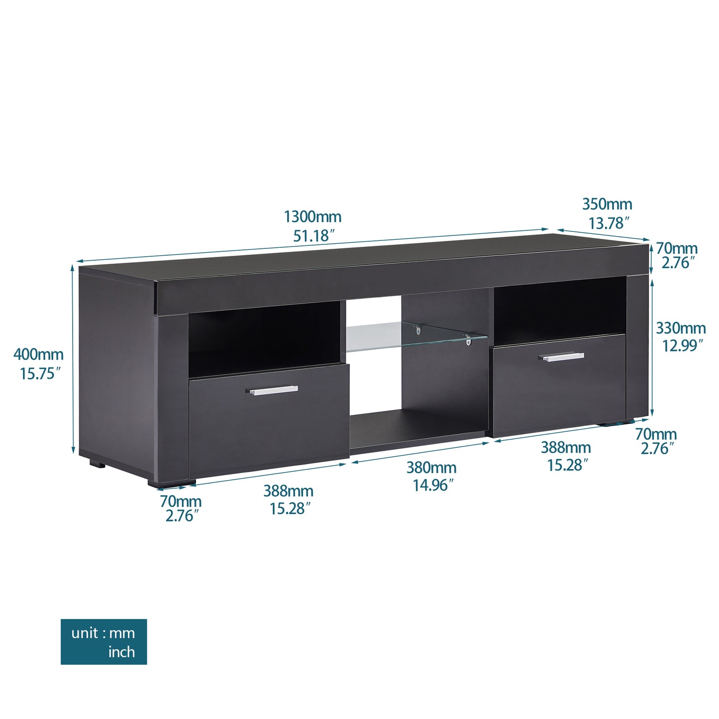 Black Modern TV Stand with LED Lights, High Gloss Finish, Stylish TV Cabinet for Lounge, Living Room or Bedroom, Sleek Design, Color: Black