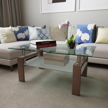 Modern Rectangle Walnut Glass Coffee Table - Stylish Clear Center Table for Living Room Furniture